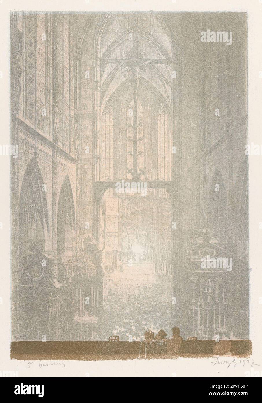 Intérieur de l'église avec l'altarpette Veit Stoss pendant un service (vue du choeur loft. Wyczółkowski, Leon (1852-1936), graphiste Banque D'Images