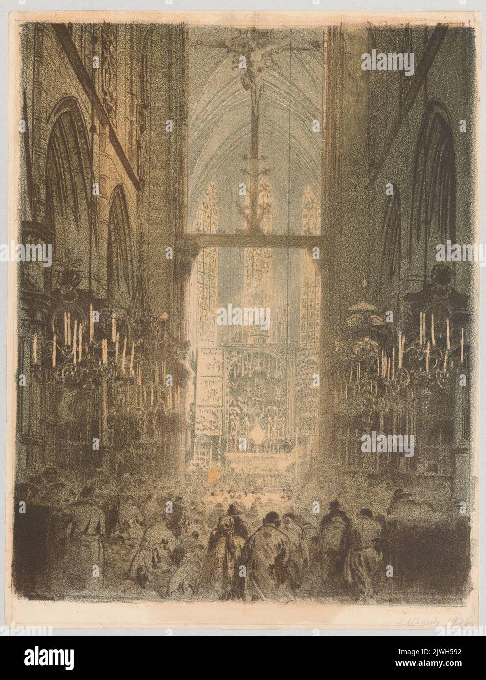 Intérieur de l'église avec l'altarpette Veit Stoss pendant un service. Wyczółkowski, Leon (1852-1936), graphiste Banque D'Images