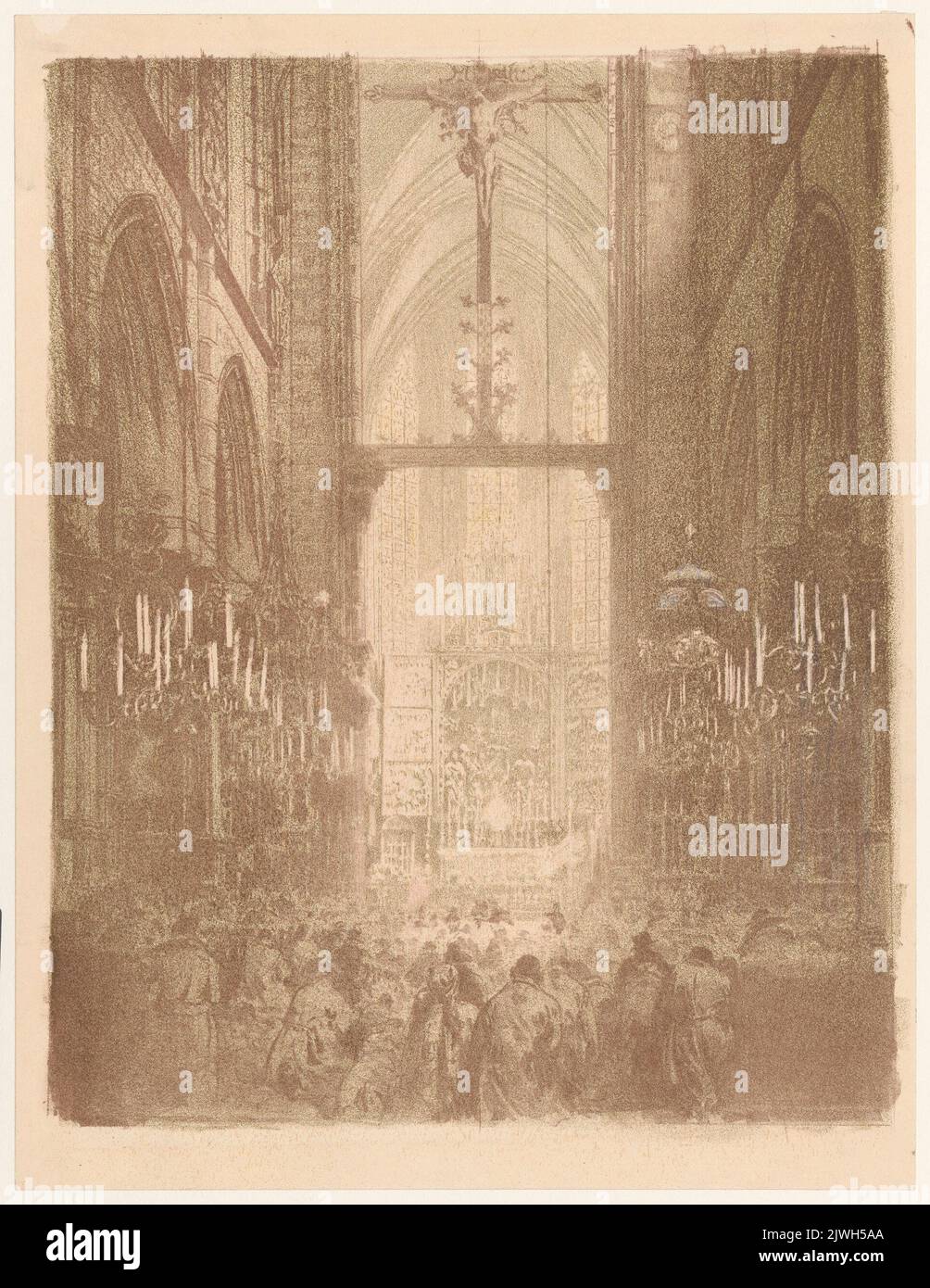Intérieur de l'église avec l'altarpette Veit Stoss pendant un service. Wyczółkowski, Leon (1852-1936), graphiste Banque D'Images