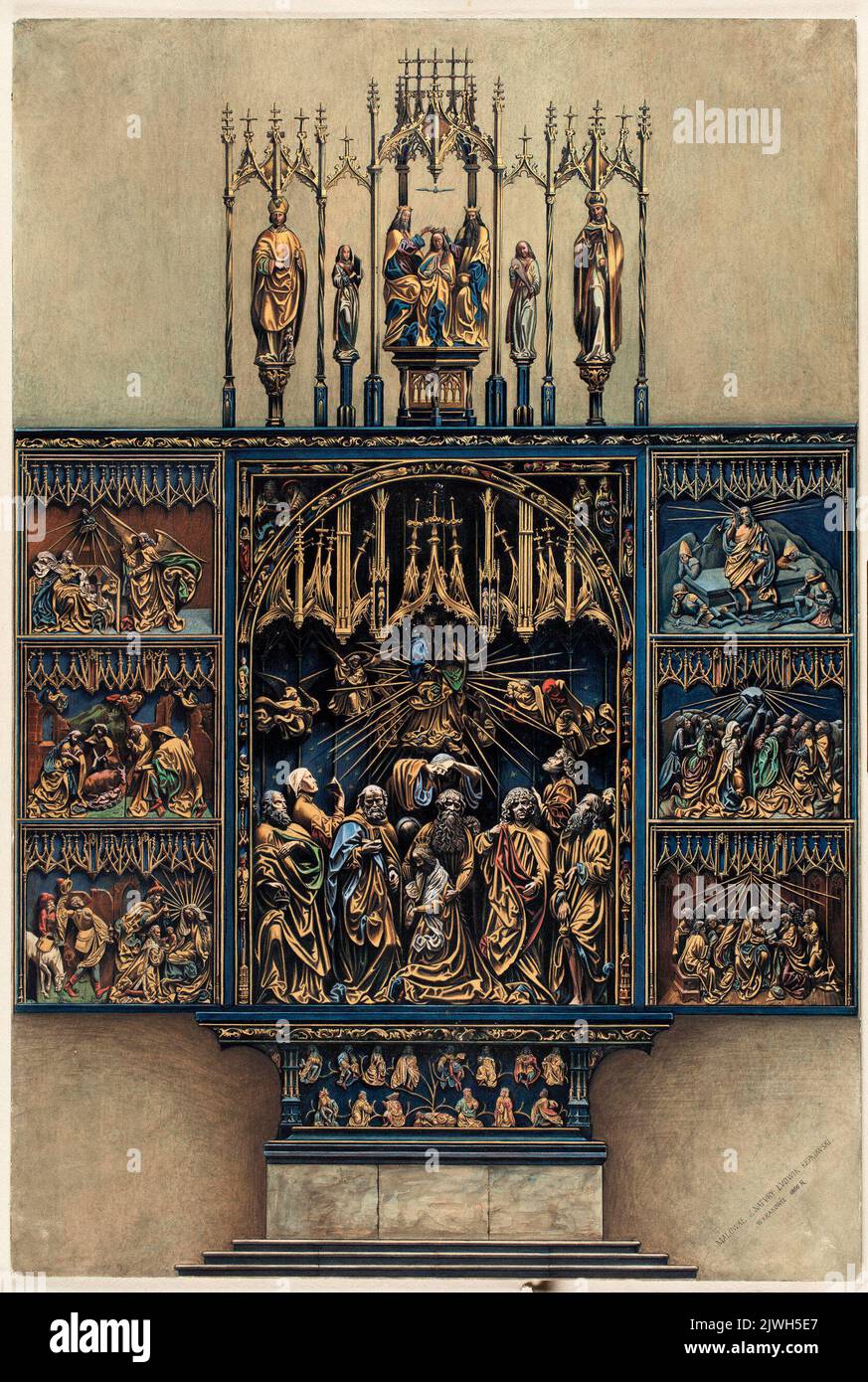 Le retable de Veit Stoss dans l'église Sainte-Marie de Cracovie. Łepkowski, Ludwik (1829-1905), peintre Banque D'Images