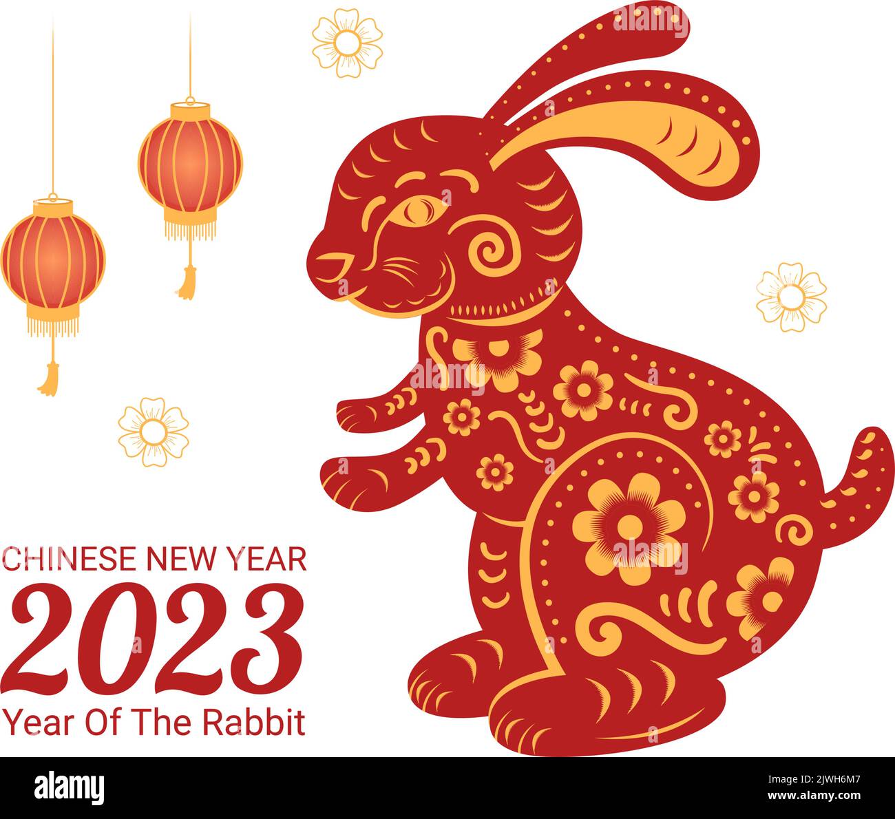 Nouvel an lunaire chinois 2023 jour du lapin modèle de signe zodiaque dessin main dessin dessin dessin de dessin de dessin animé à plat Illustration avec fond de fleur, lanterne et rouge Illustration de Vecteur