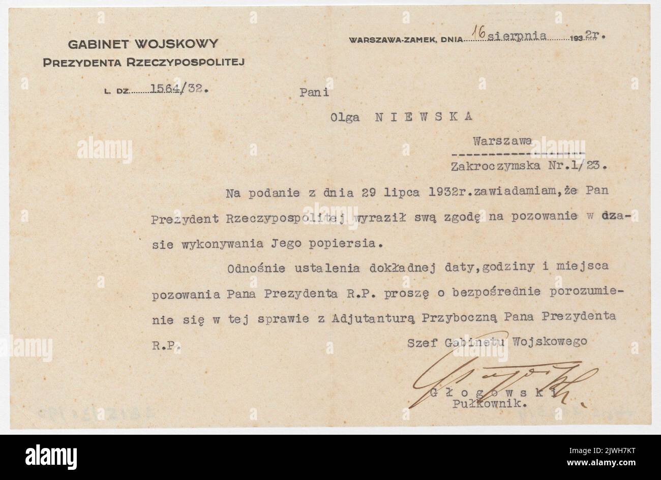 Lettre adressée à Olga Niewska avec le consentement du Président posant pour une sculpture de portrait [signé par le chef du cabinet militaire du Président de la République de Pologne, col. Głogowski].. Gabinet Wojskowy Prezydenta Rzeczypospolitej (Warszawa ; 1926-1939), auteur Banque D'Images