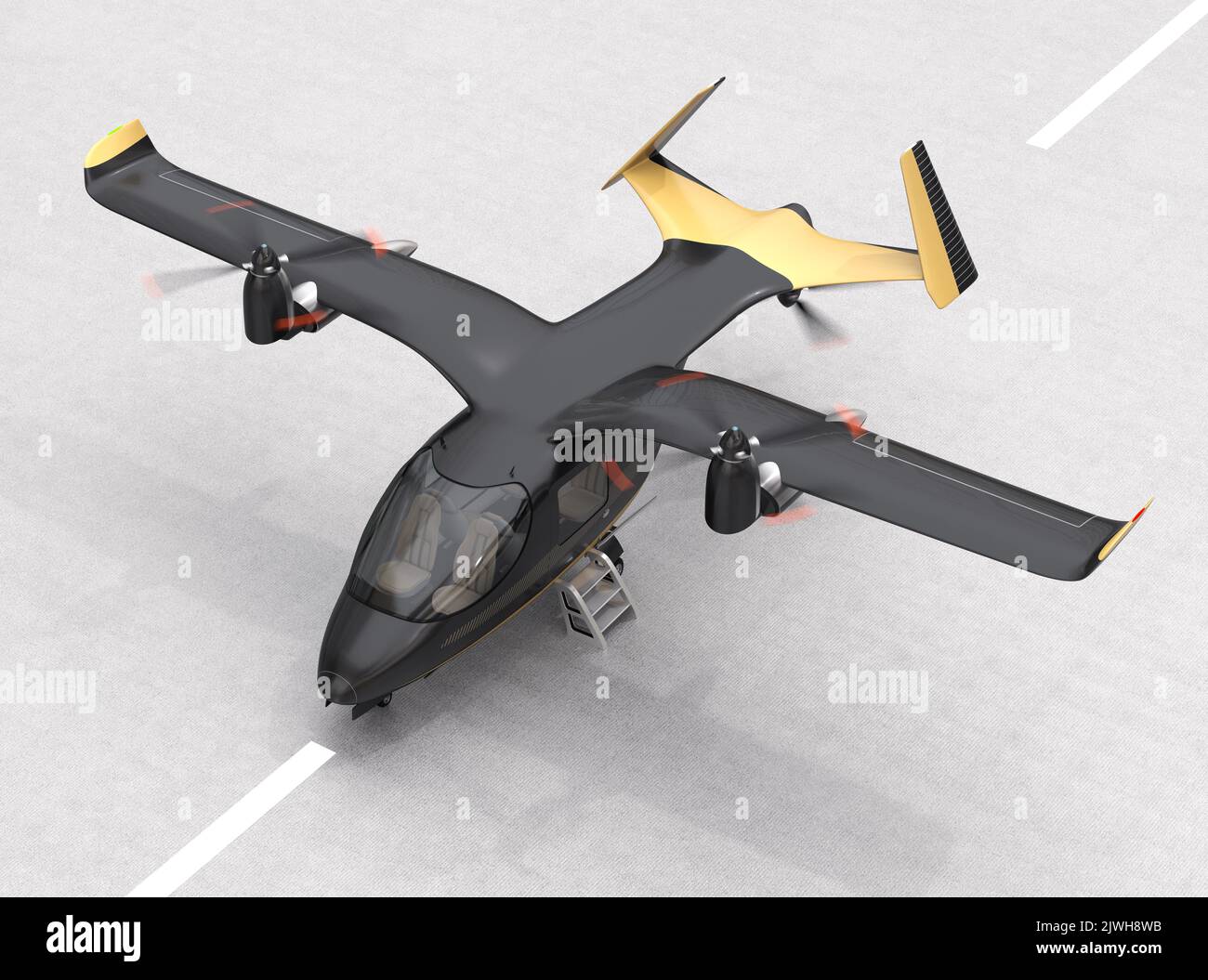 Les avions de passagers VTOL électriques se préparent à décoller au sol. Concept de mobilité urbaine des passagers. 3D rendu de l'image. Banque D'Images