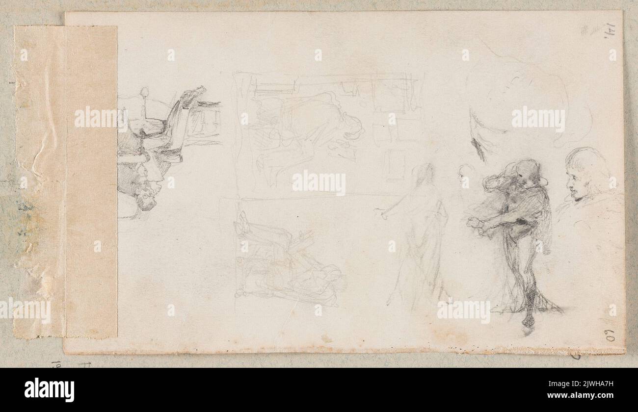 Trois croquis d'un homme assis dans un fauteuil et la lecture et les croquis de la figure d'un acteur exécutant un monologue pour la peinture "acteurs avant Hamlet"; verso: Deux croquis d'un couple en costumes de 18th siècle, page d'un sketchbook. Czachórski, Władysław (1850-1911), dessinateur, dessinateur Banque D'Images