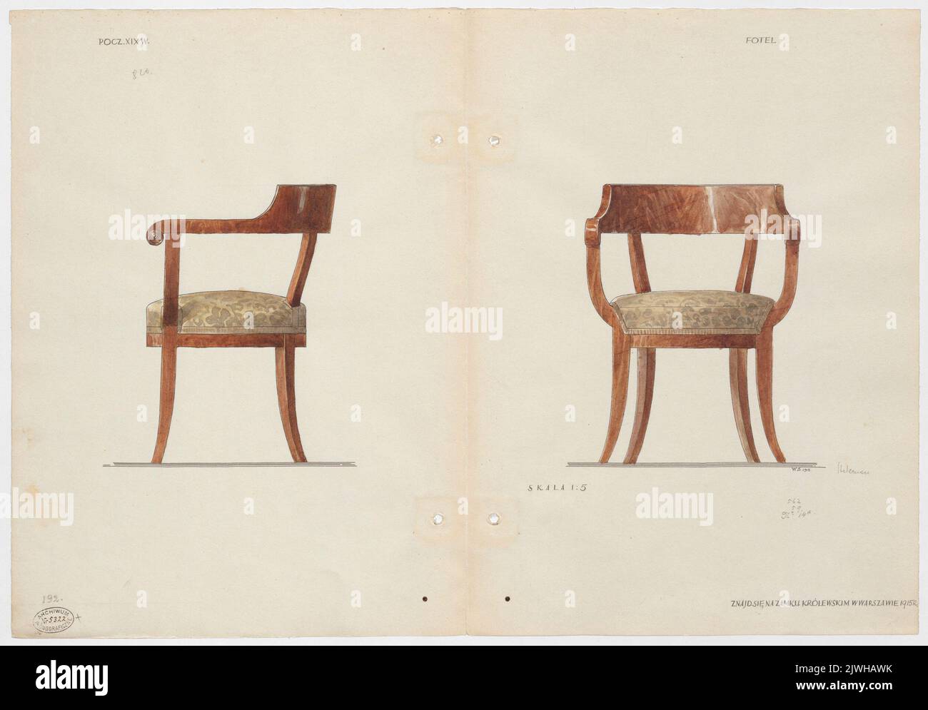 Varsovie. Chaise avec siège rembourré, de l'équipement du château Royal - vues de face et de côté à l'échelle de 1:5. Sztolcman, Władysław Roman (1873-1950), dessinateur, dessinateur Banque D'Images
