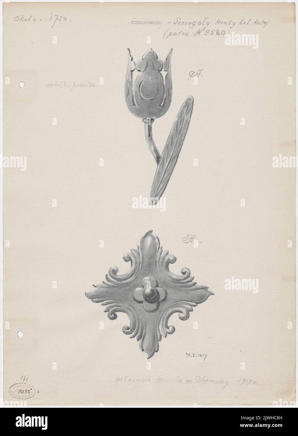 Siennica (woj. mazowieckie). żelaznej krutej drzwi dębowych W kościele poreformackim p.w. Ofiarowania Najświętszej Maryi Panny - dwa ujęcia detali W skali 1:1. Sztolcman, Władysław Roman (1873-1950), peintre Banque D'Images