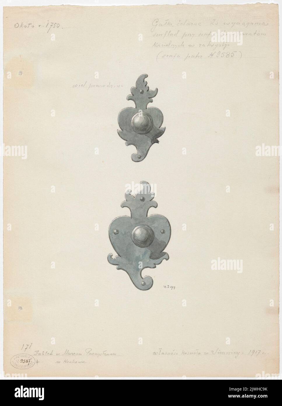Siennica (woj. mazowieckie). Gałki żelazne do wyciągania szuflad przy komodzie na ornaty i paramenta kościelne W zakrystii kościoła poreformackego p.w. Ofiarowania Najświętszej Maryi Panny - dwa ujęcia z przodu W skali 1:1. Sztolcman, Władysław Roman (1873-1950), peintre Banque D'Images