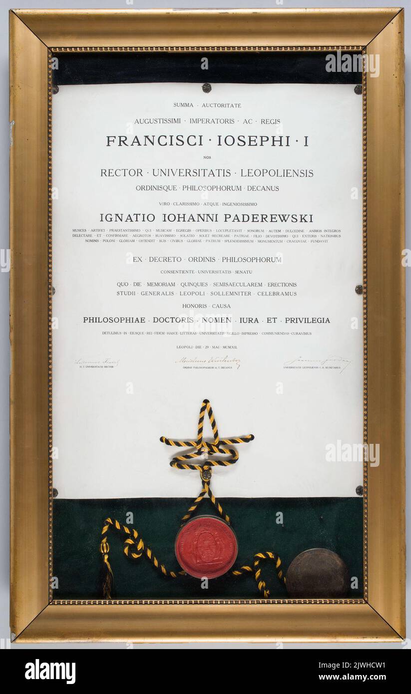 Diplôme d'obtention du titre de docteur honoris causa pour Ignacy Jan Paderewski (1860-1941) par l'Université de Lviv, 29 mai 1912. Uniwersytet Jana Kazimierza (Lwów), auteur Banque D'Images