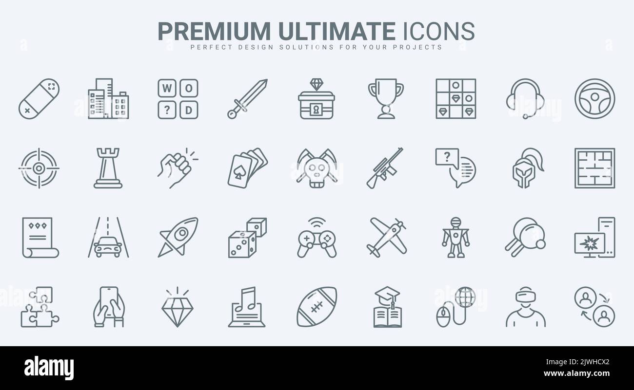 La technologie de jeu pour ordinateur et téléphone mobile icônes de ligne mince définir l'illustration vectorielle. Collection Outline avec réalité virtuelle, arcade et sport, éducation et stratégie jeu vidéo de bureau à jouer Illustration de Vecteur