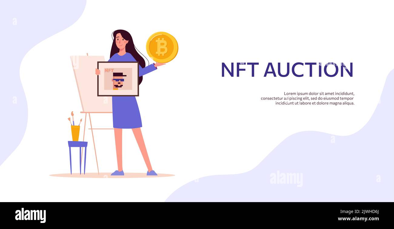 Banner Auction NFT, vente de jetons non fongibles de peintures pour crypto-monnaie. La vente d'art de fille vend de l'art sur l'Internet. Vecteur plat. Modèle Web Illustration de Vecteur