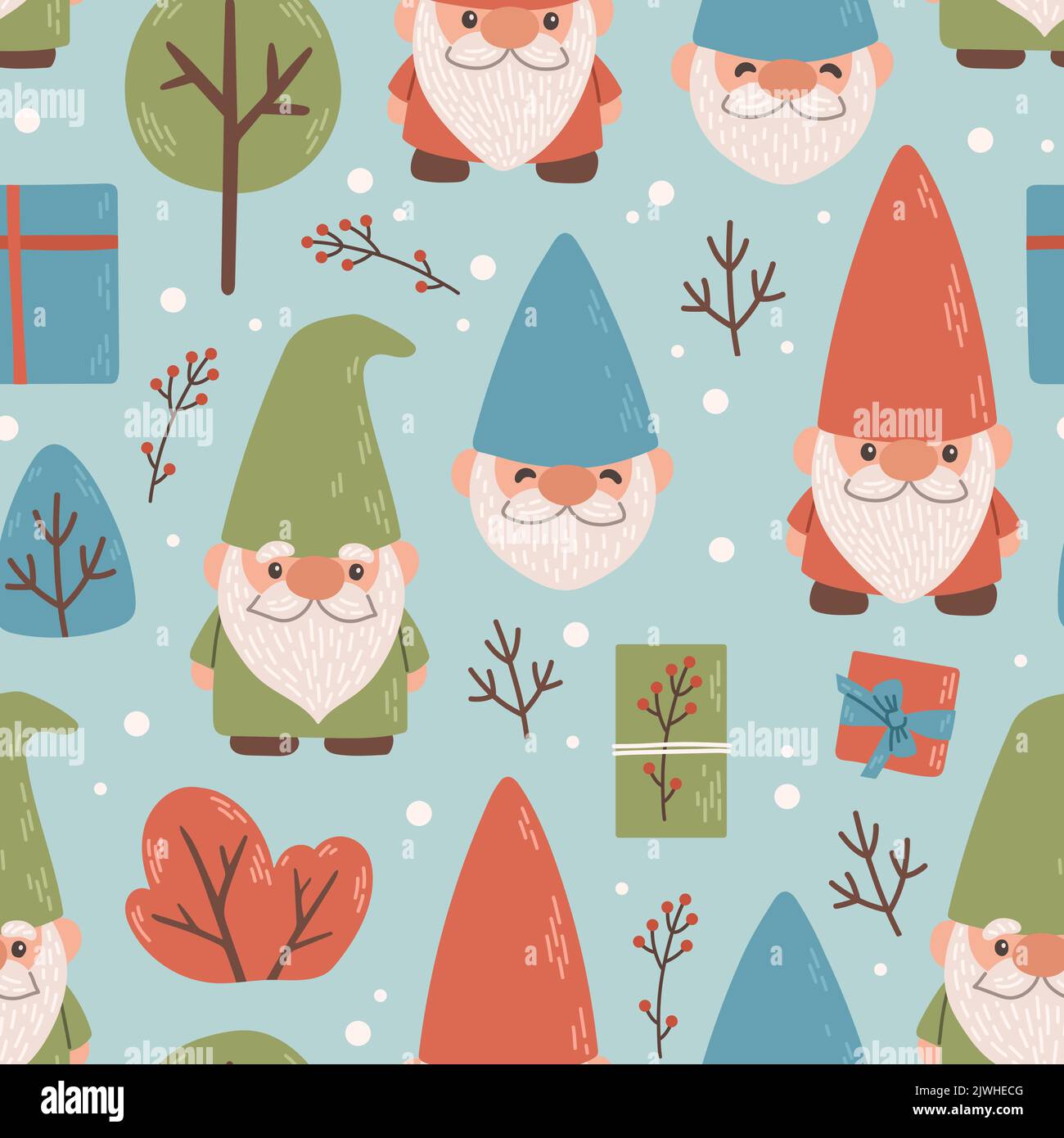 Hiver gnomes arbre cadeau sans couture motif vectoriel Illustration de Vecteur