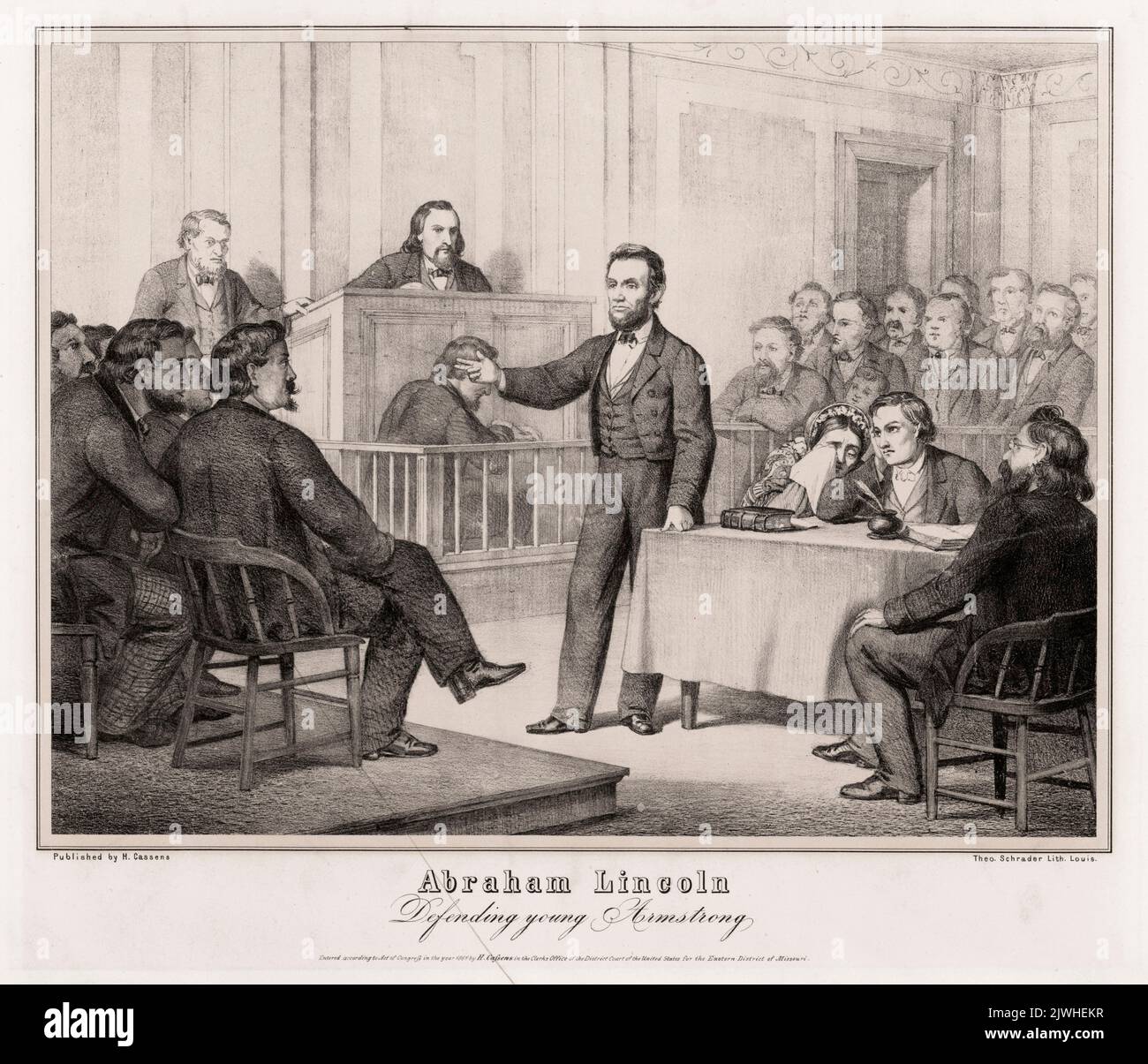 Abraham Lincoln Abraham Lincoln au tribunal lors d'un procès où il défendait William 'Duff' Armstrong qui avait été accusé du meurtre de James Preston Metzker. Il a usccessessement montré qu'un témoin mentait et qu'Armstrong était acquitté. Banque D'Images