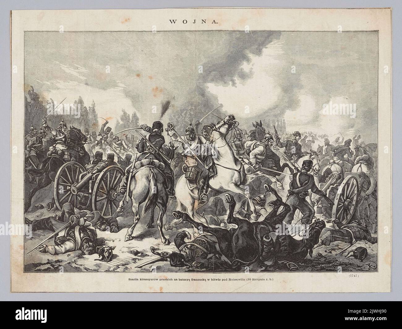 Reproduction du dessin : Juliusz Kossak (1824-1899), Guerre. Cuirassiers prussiens chargeant une batterie française à la bataille de Noisseville (30 août de cette année [1870]); extrait d'un magazine. Juliusz Kossak (1824-1899), dessinateur, dessinateur, Kłosy (Warszawa ; czasopismo ; 1865-1890), éditeur, Holewiński, Józef (1848-1917), coupe de bois Banque D'Images
