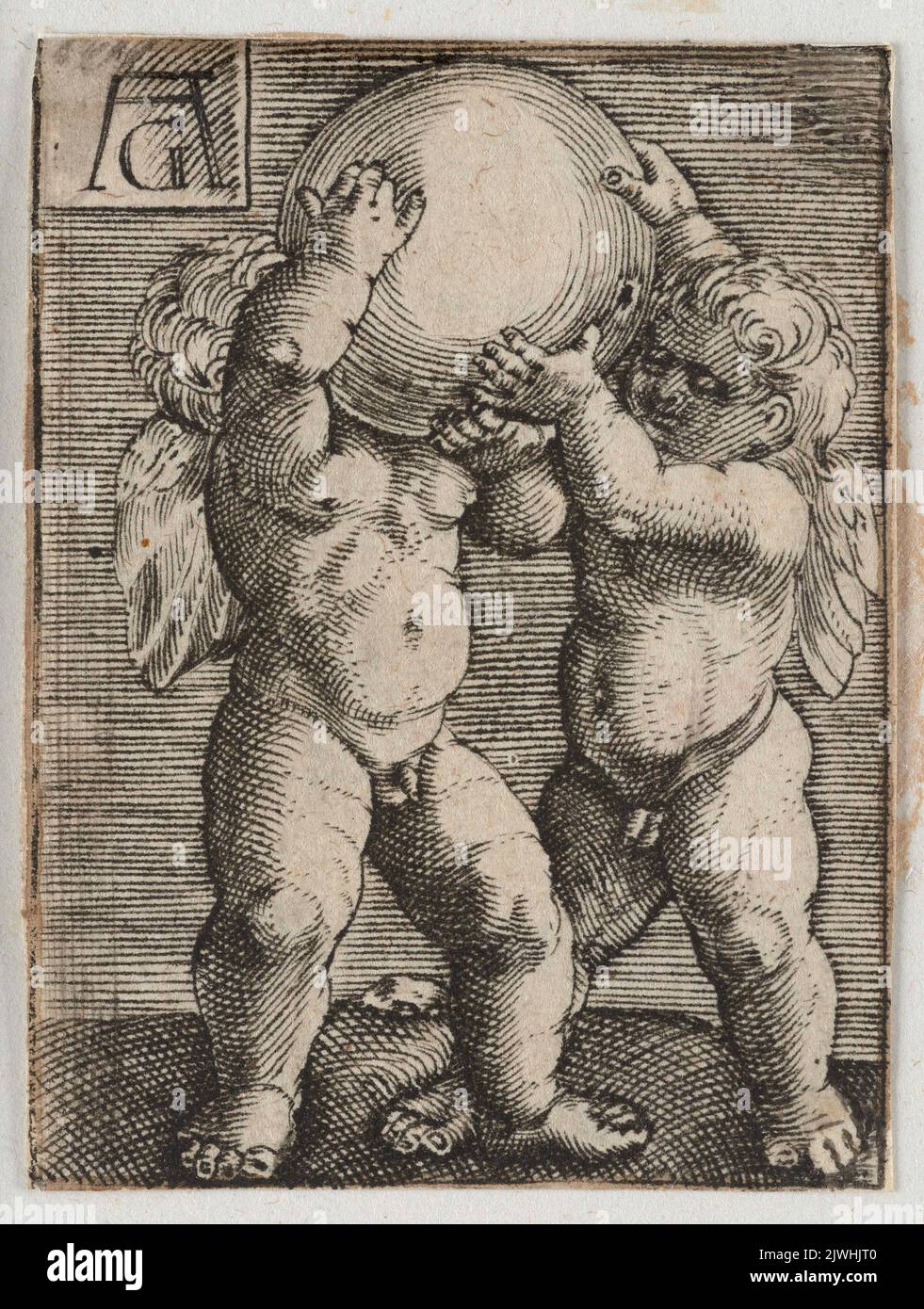 Deux Putti soulevant le globe. Aldégraver, Heinrich (1502-1555/1561) Banque D'Images