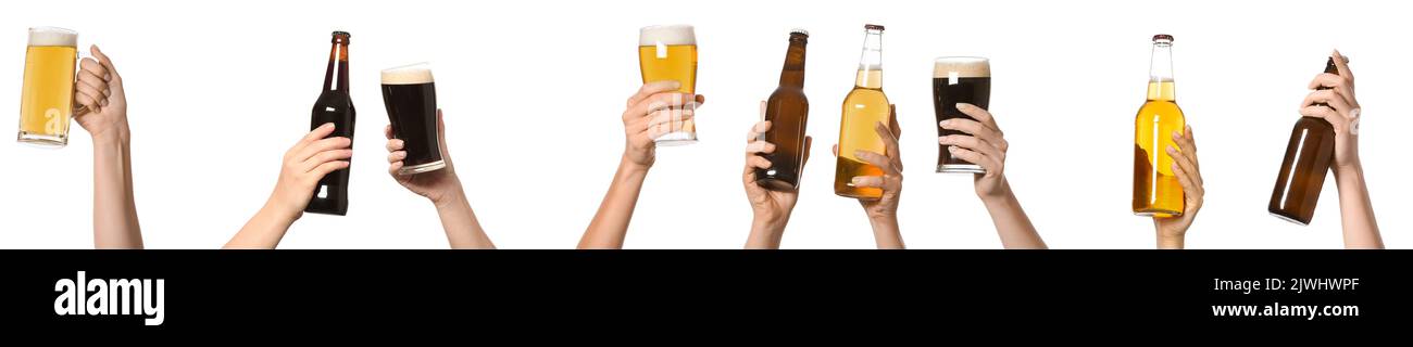Jeu de mains avec bière sur fond blanc Banque D'Images