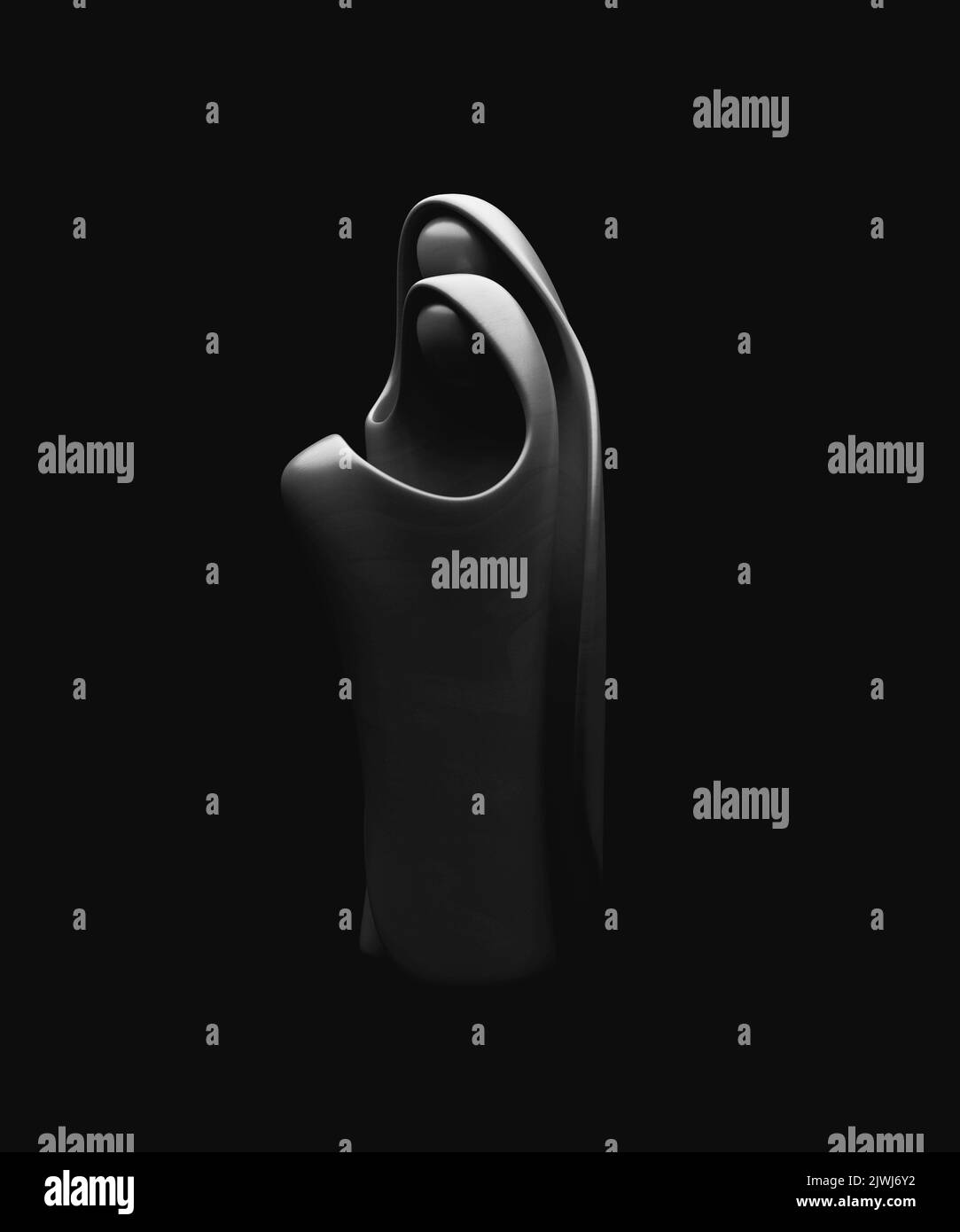 Une sculpture en bois stylisée abstraite représentant une scène chrétienne de la nativité de noël avec Marie, joseph et bébé jésus - rendu 3D Banque D'Images