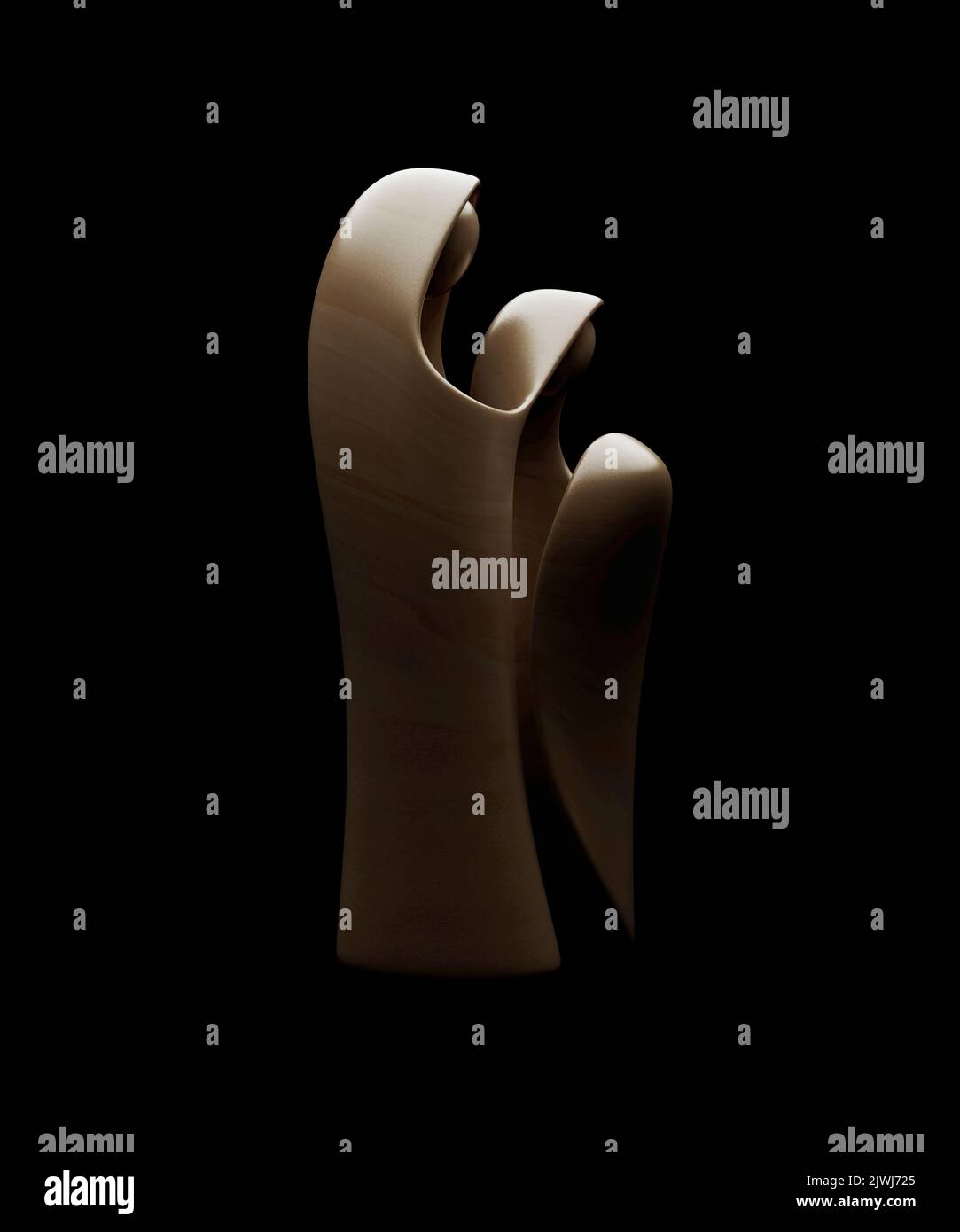 Une sculpture en bois stylisée abstraite représentant une scène chrétienne de la nativité de noël avec Marie, joseph et bébé jésus - rendu 3D Banque D'Images