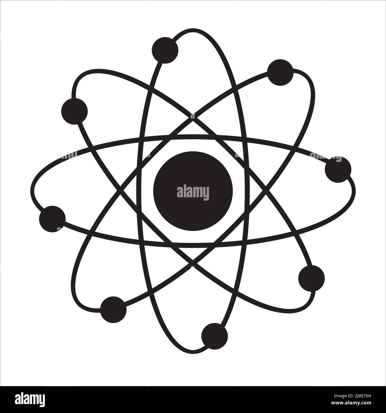 Modèle vectoriel de la science de l'atome. Autour de l'atome, des ondes gamma, des protons, des neutrons et des électrons. Icône vectorielle de la molécule d'atome sur fond isolé. Illustration de Vecteur