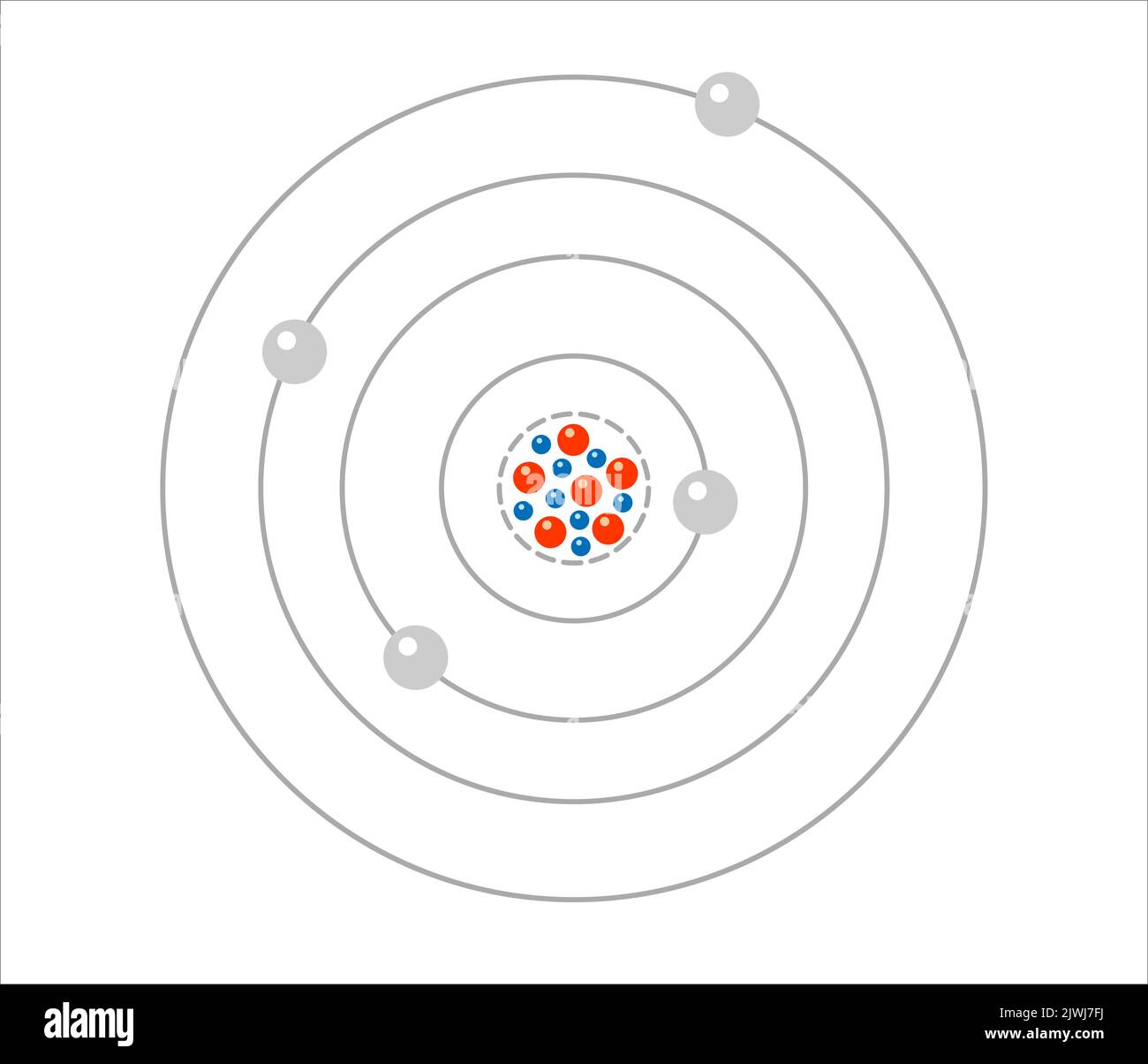 Modèle vectoriel de la science de l'atome. Autour de l'atome, des ondes gamma, des protons, des neutrons et des électrons. Icône vectorielle de la molécule d'atome sur fond isolé. Illustration de Vecteur