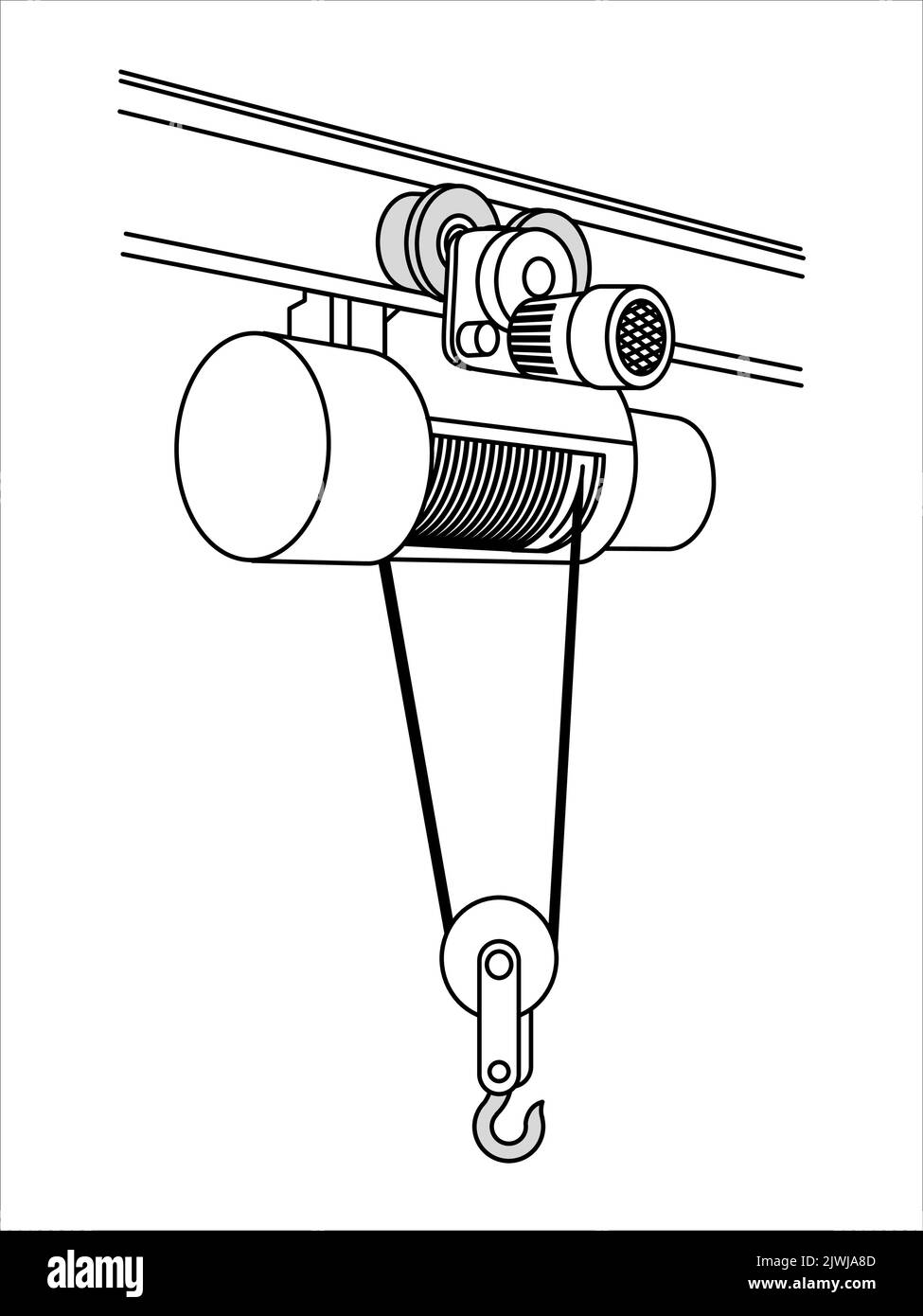Treuil électrique pour le levage de la charge. Palan électrique avec corde ou fil d'acier, câble, roue. Illustration vectorielle Illustration de Vecteur