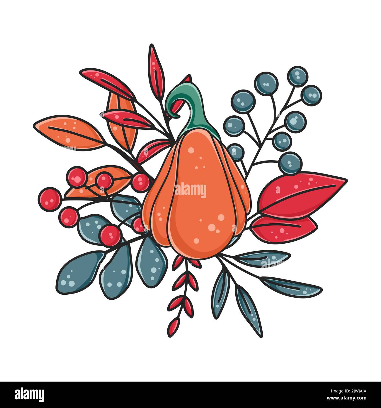 Composition automnale avec éléments décoratifs mignons et confortables. Réalisation à la main avec feuillage de citrouille et baies. Vecteur de chute isolé Illustration de Vecteur
