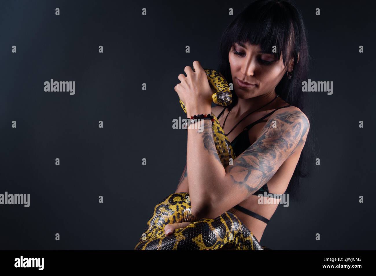 Photo de la femme brune tenant l'anaconda dans l'ombre Banque D'Images