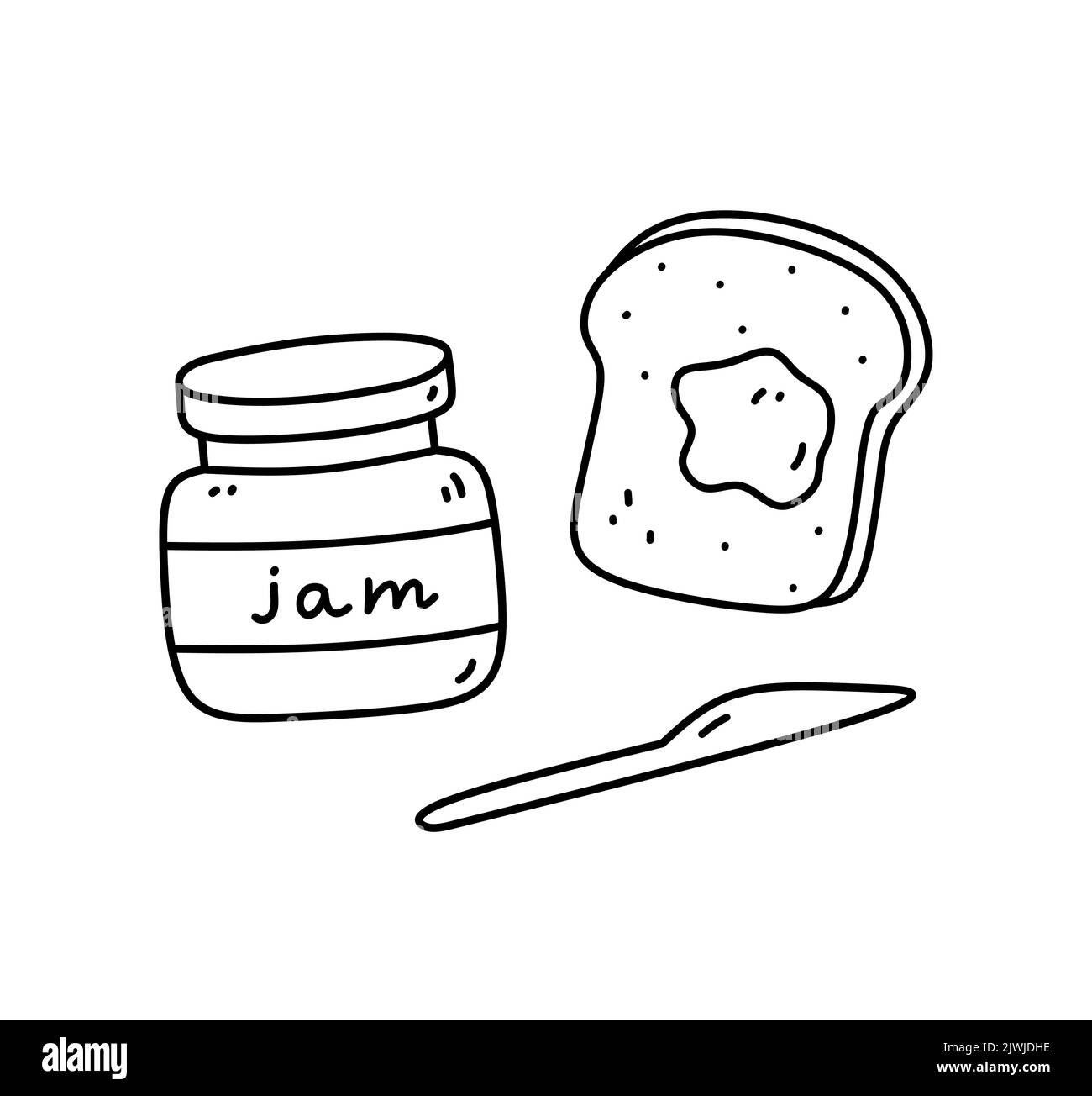 Bol de confiture, pain grillé et couteau isolé sur fond blanc. Nourriture pour le petit déjeuner ou pour un en-cas. Illustration vectorielle dessinée à la main, style doodle. Parfait f Illustration de Vecteur