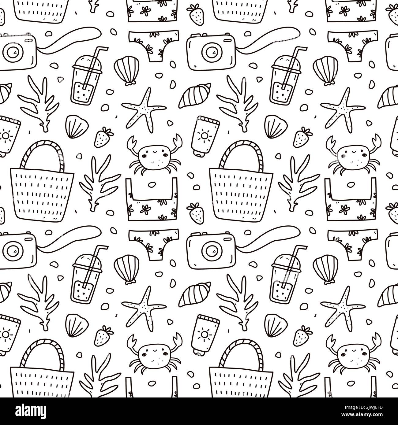 Joli motif sans coutures avec des gribouillages d'été : bikini de plage, sac en osier, crème solaire, appareil photo, crabes et coquillages. Illustration vectorielle dessinée à la main. PE Illustration de Vecteur