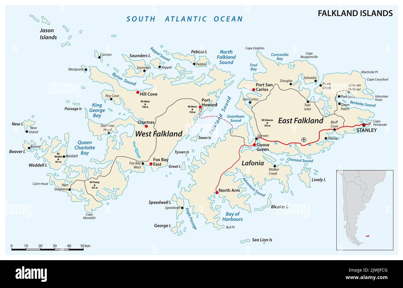 Îles Falkland, aussi Malvinas, carte routière vectorielle Banque D'Images