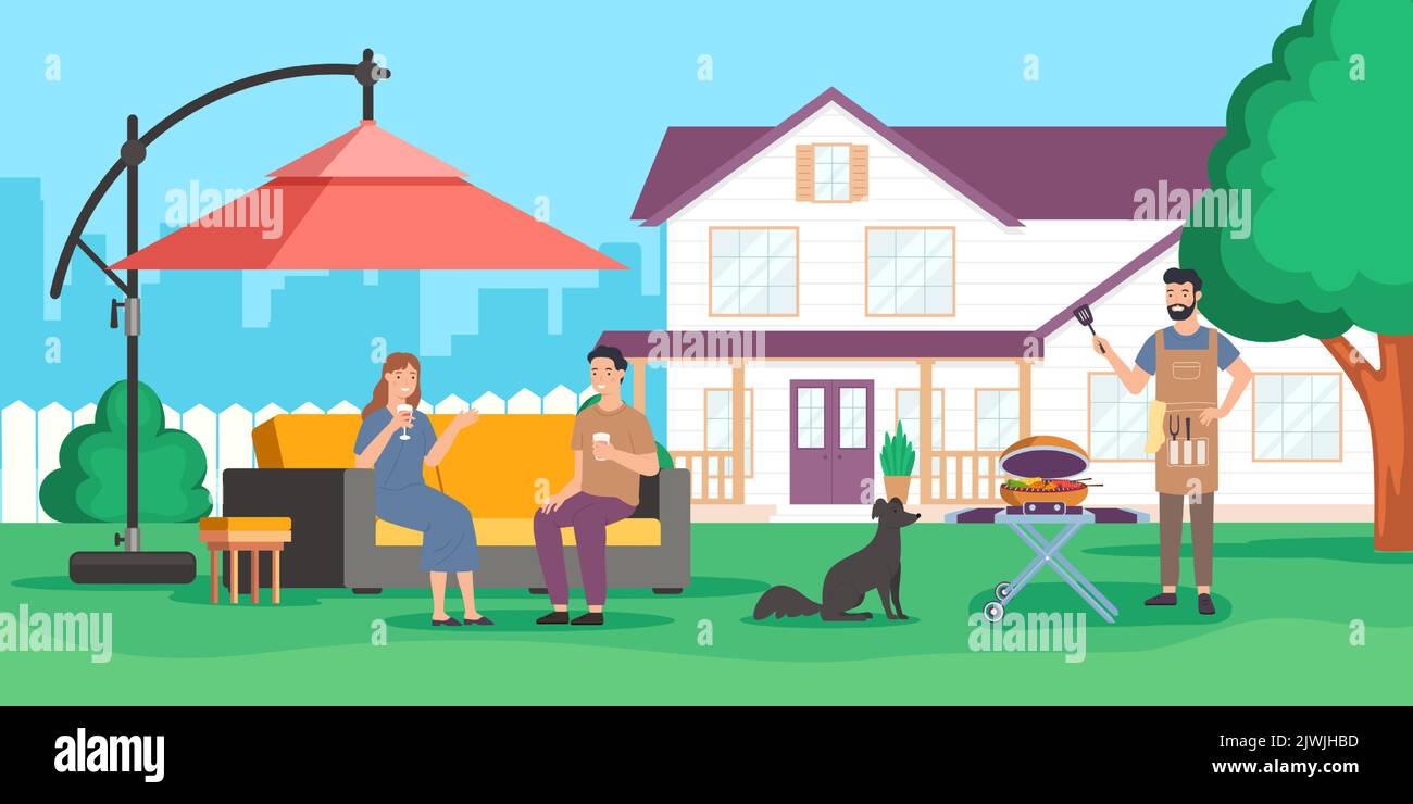 Fête familiale avec barbecue sur la maison arrière-cour Illustration de Vecteur
