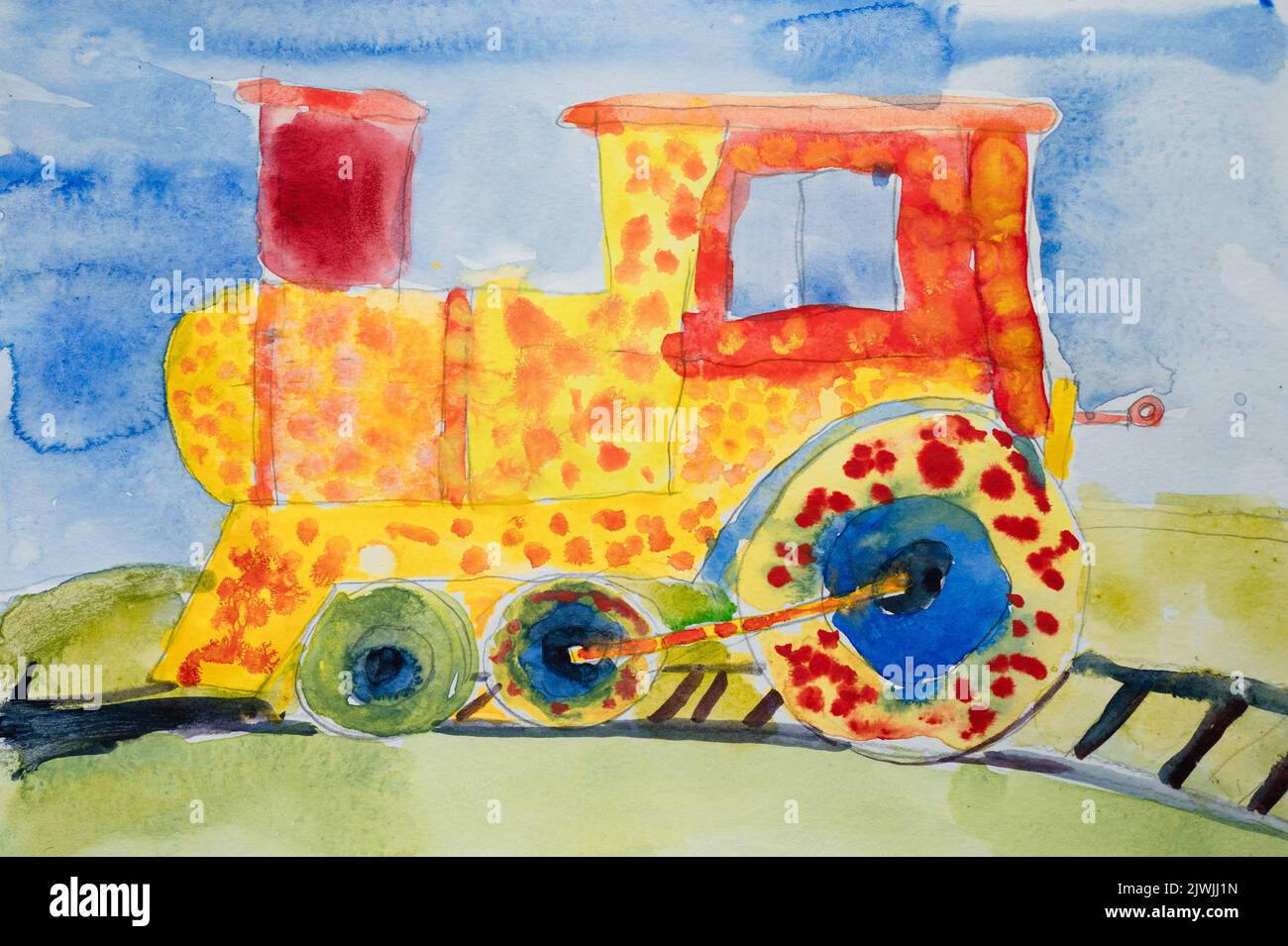 dessin d'aquarelle pour enfants sur papier texturé - une locomotive à vapeur rouge et orange se déplace sur les rails d'un chemin de fer. transport ferroviaire. art pour enfants h Banque D'Images