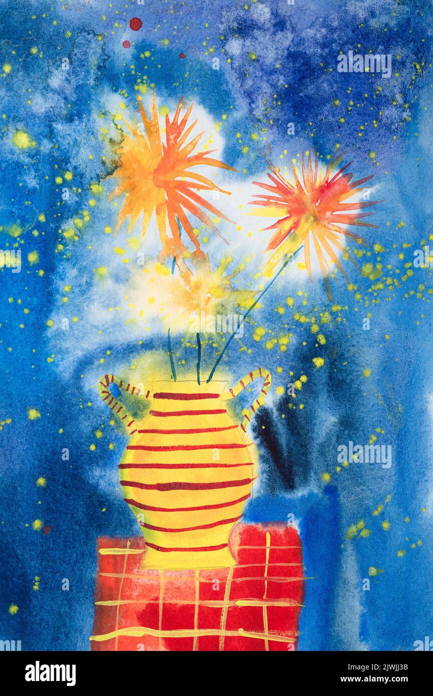 dessin à l'aquarelle pour enfants sur papier texturé - vase avec bouquet fleurs de chrysanthème en pleine fleur en fleur en hommage de fête ou feu de cheminée Banque D'Images