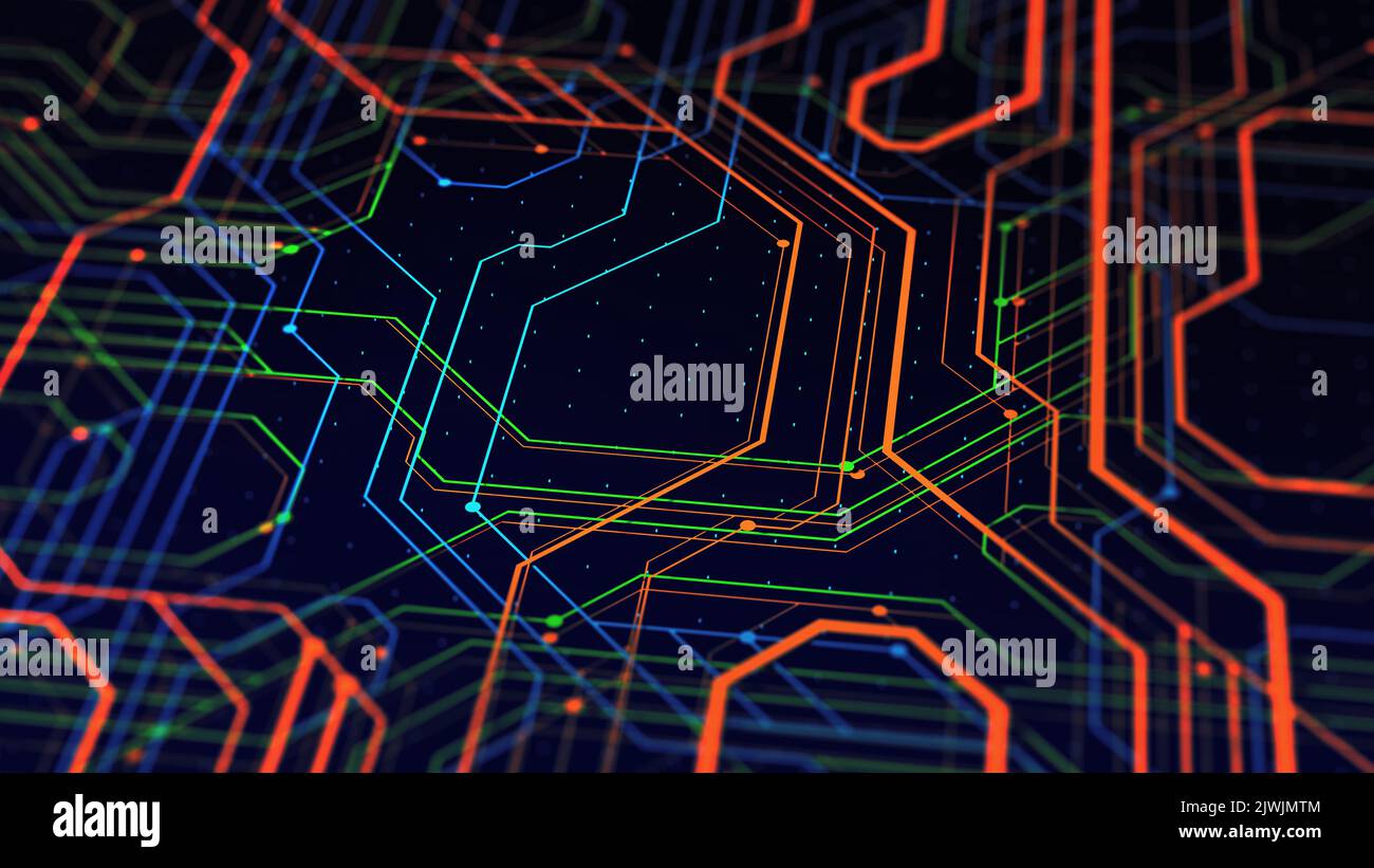 Microcircuit, puce, puce de silicium, illustration du circuit 3D. Carte mère. Le cyberespace des hautes technologies. Flux d'informations et analyse des données Banque D'Images