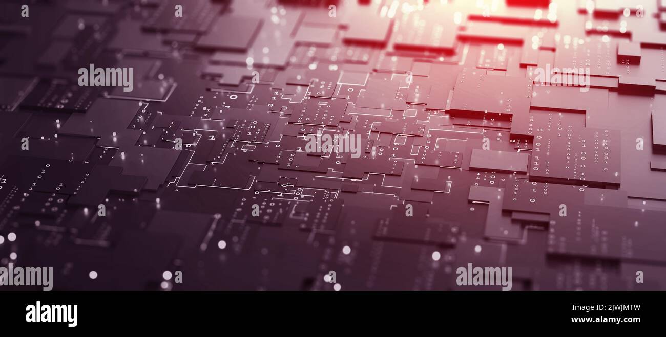 Technologie blockchain, microcircuit futuriste. Carte mère, réseau neuronal et technologie cybernétique. Code binaire dans le cyberespace. Analyse et traitement o Banque D'Images