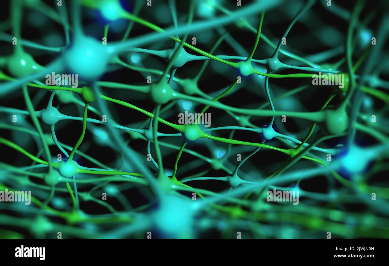 Cerveau sous microscope 3D illustration. Connexions neuronales, réseau neuronal, impulsions électriques dans le cerveau Banque D'Images