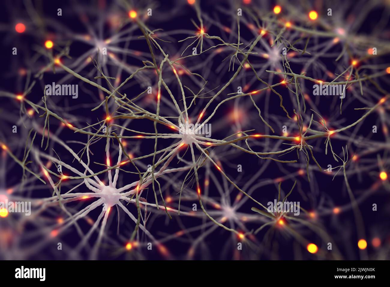 Cerveau sous microscope 3D illustration. Connexions neuronales, réseau neuronal, impulsions électriques dans le cerveau Banque D'Images