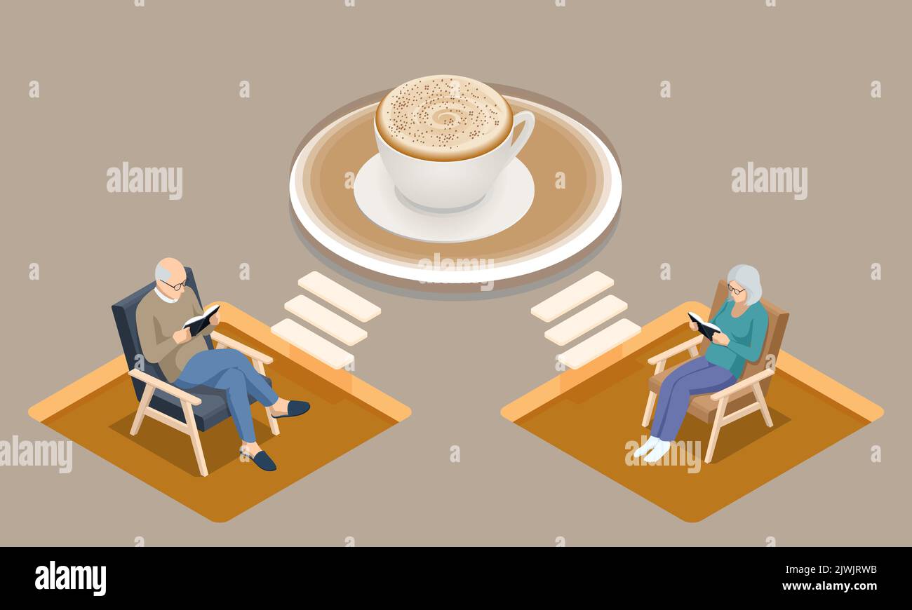 Les grands-parents isométriques s'assoient dans des fauteuils, lisent un livre en ligne et boivent du café. Couple marié et âgé heureux qui se repose à la maison. Loisirs, détente Illustration de Vecteur