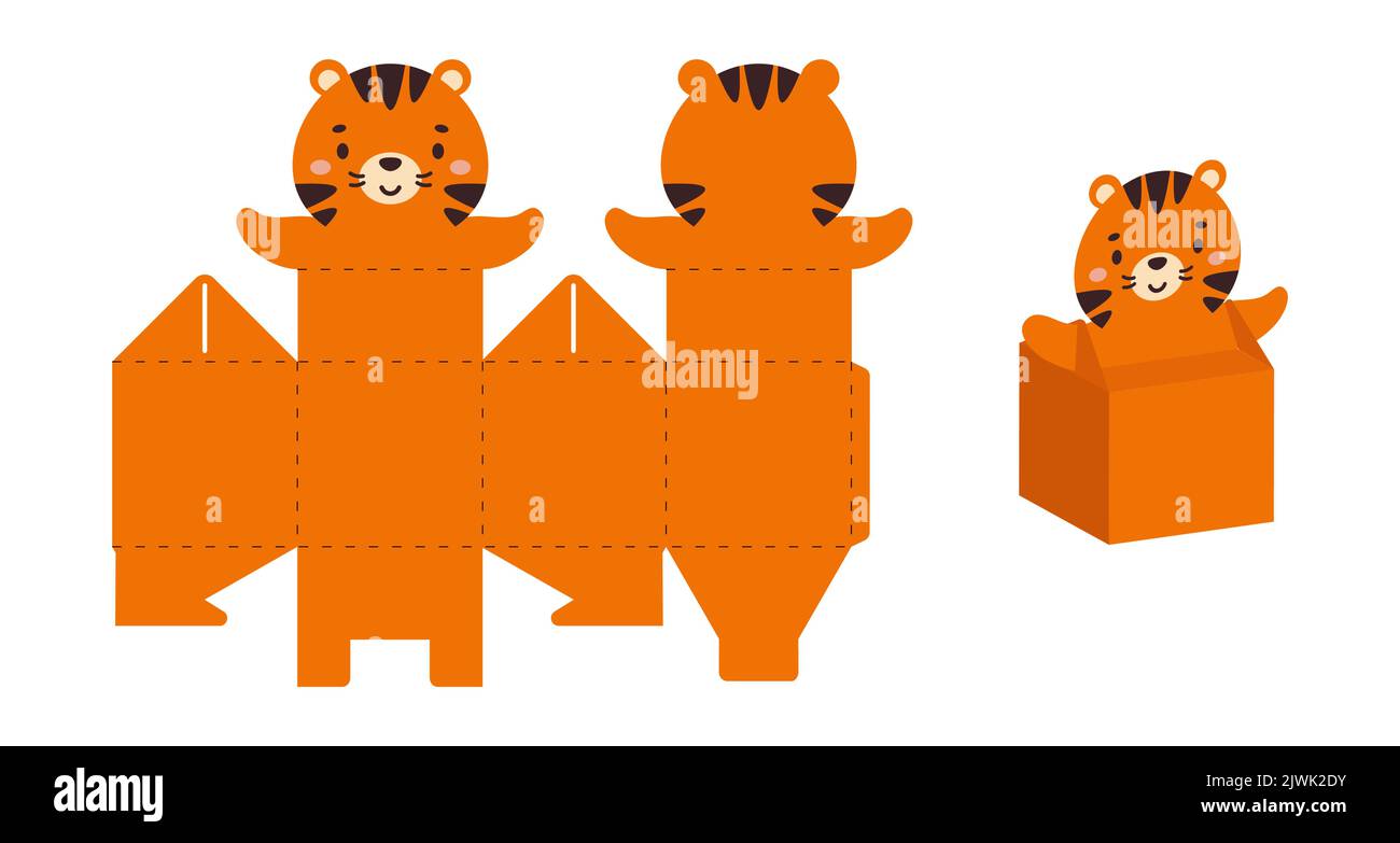 L'emballage simple favorise la conception de tigre de boîte pour les bonbons,  bonbons, petits cadeaux. Modèle de paquet de fête pour toutes les fins,  anniversaire, douche de bébé. Imprimer, cu Image Vectorielle
