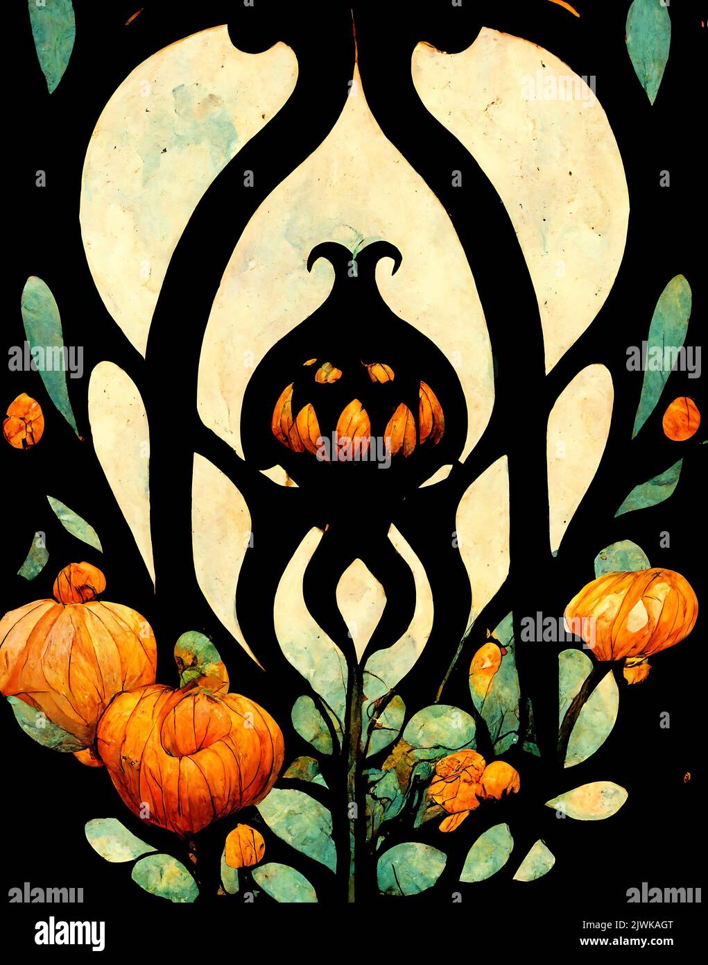 Carte d'Halloween. Silhouette de porte dans un jardin mystérieux et le sourire de la citrouille maléfique Banque D'Images