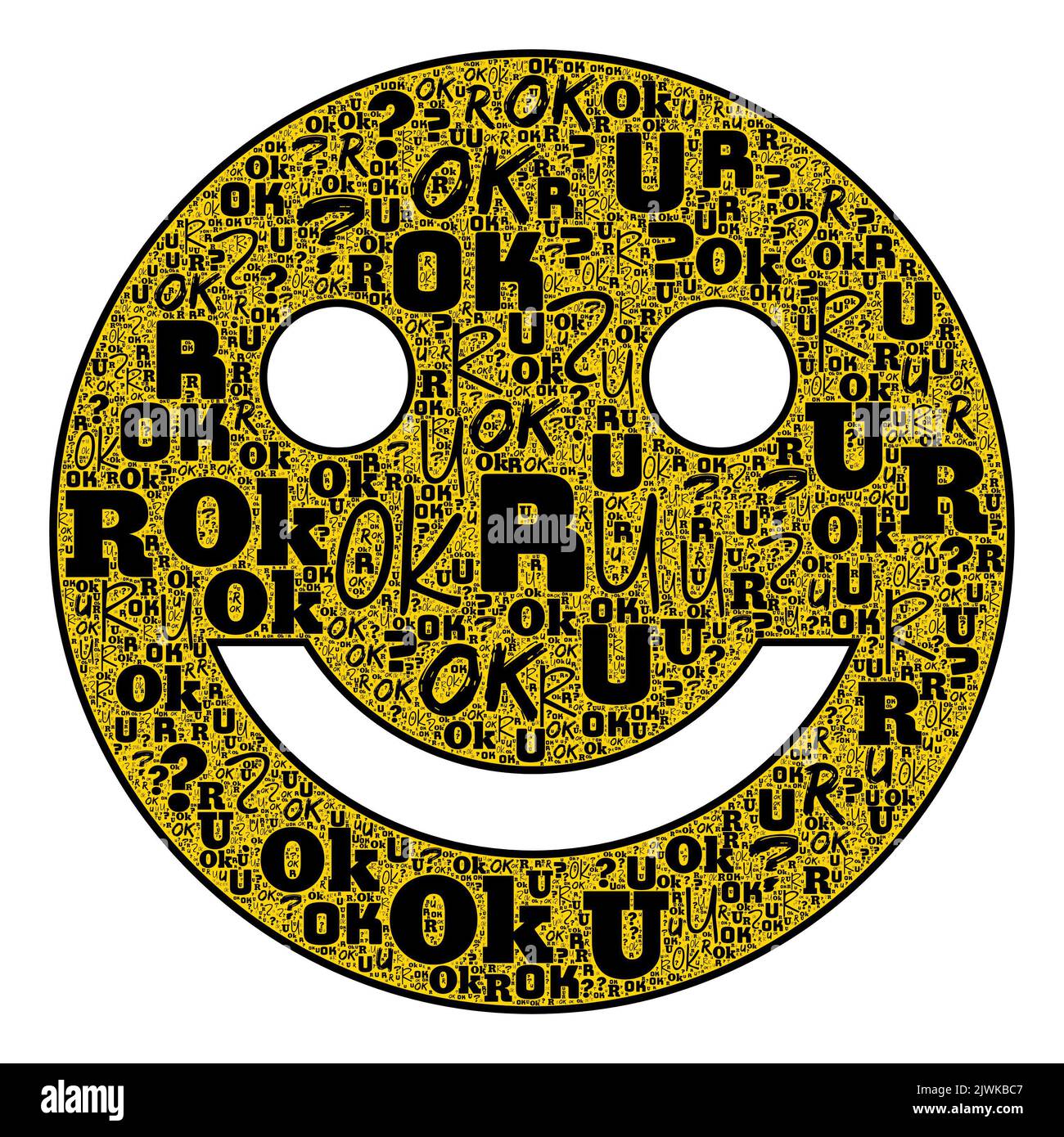 Illustration de la forme du visage du sourire avec nuage de mots R U OK Day avec des lettres colorées. R U OK Day est une journée nationale australienne d'action dédiée à inspir Banque D'Images