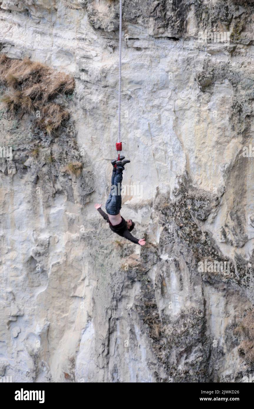 Un saut en sauge relié à un cordon élastique plonge à 47 mètres plus bas dans la rivière Waikato (la plus longue de Nouvelle-Zélande) depuis le nouveau Taupo Cliff Hanger Banque D'Images