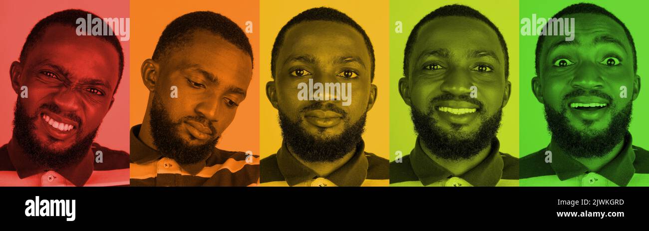 Portraits de jeunes africains avec différentes émotions sur son visage sur fond coloré au néon. En colère, agacé, calme, heureux, surpris. Collage Banque D'Images