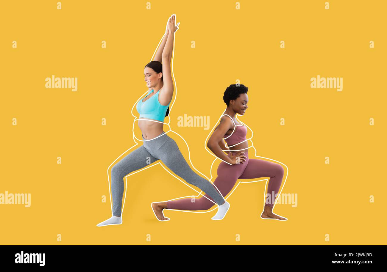 Les femmes jeunes du millénaire caucasien et noire en sport font des exercices Banque D'Images