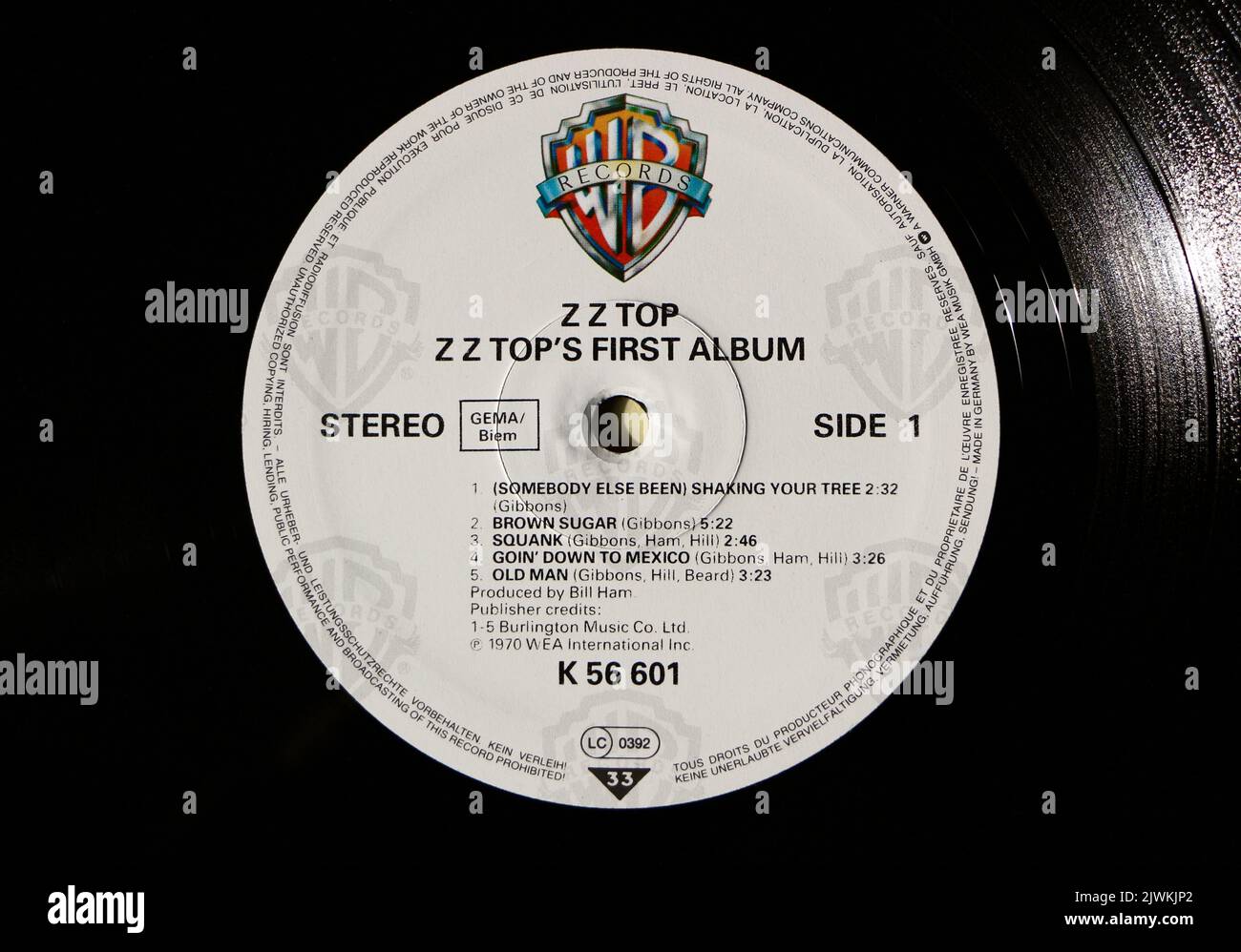 Photo gros plan d'une étiquette centrale sur un original 1970 pression d'un disque en vinyle ZZ Premier album ZZ Top Banque D'Images