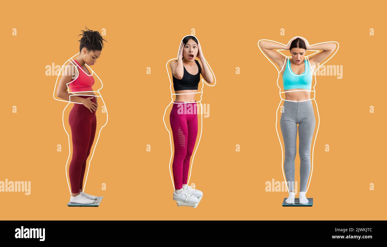 Choqué triste différentes jeunes femmes athlètes dans les vêtements de sport, les femmes de graisse dessinées autour, vérifier le poids Banque D'Images