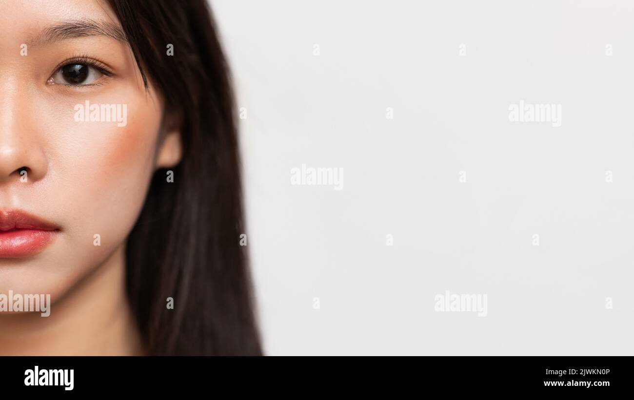 Demi-portrait de femme coréenne avec peau lumineuse et maquillage naturel posé à l'appareil photo, panorama, espace de copie Banque D'Images