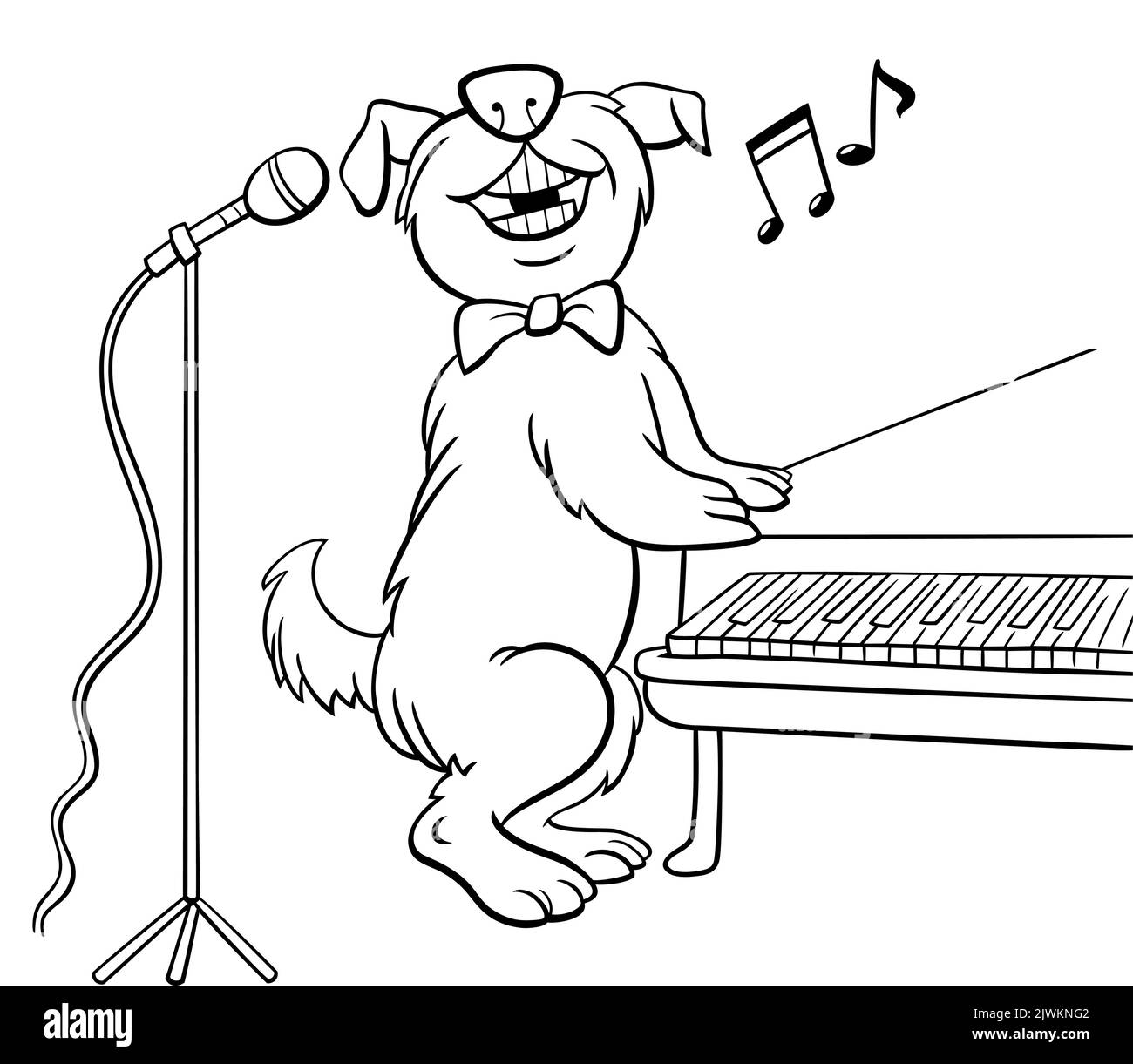 Dessin animé noir et blanc de drôle de chien personnage animal chantant à la page de coloriage de piano Illustration de Vecteur