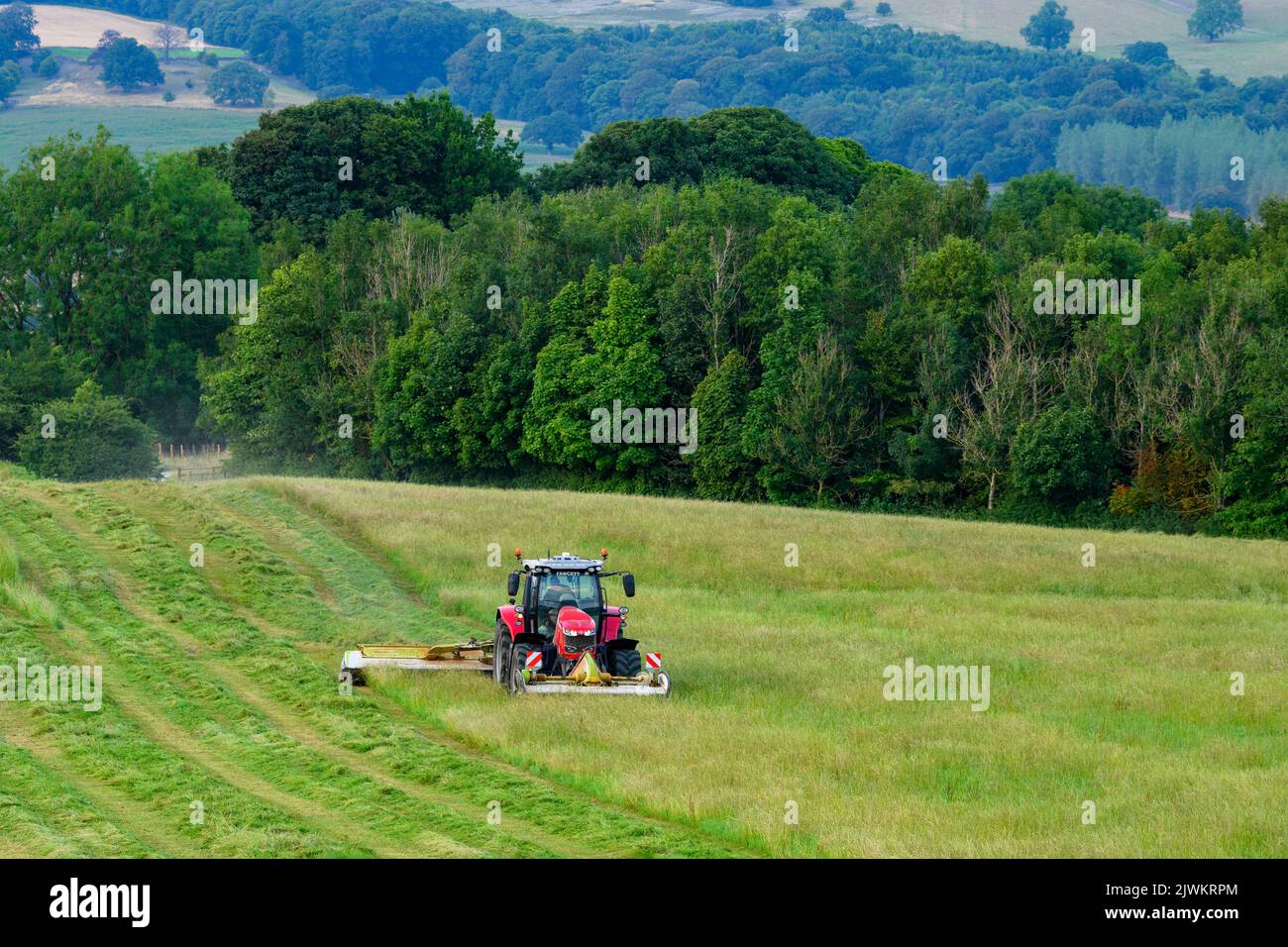Red Massey Ferguson 7719 S Tractor & Claas Disco 3200c foin marécageuses - pâturage sur les terres agricoles à flanc de colline, campagne pittoresque de Wharfedale, Yorkshire, Angleterre, Royaume-Uni. Banque D'Images