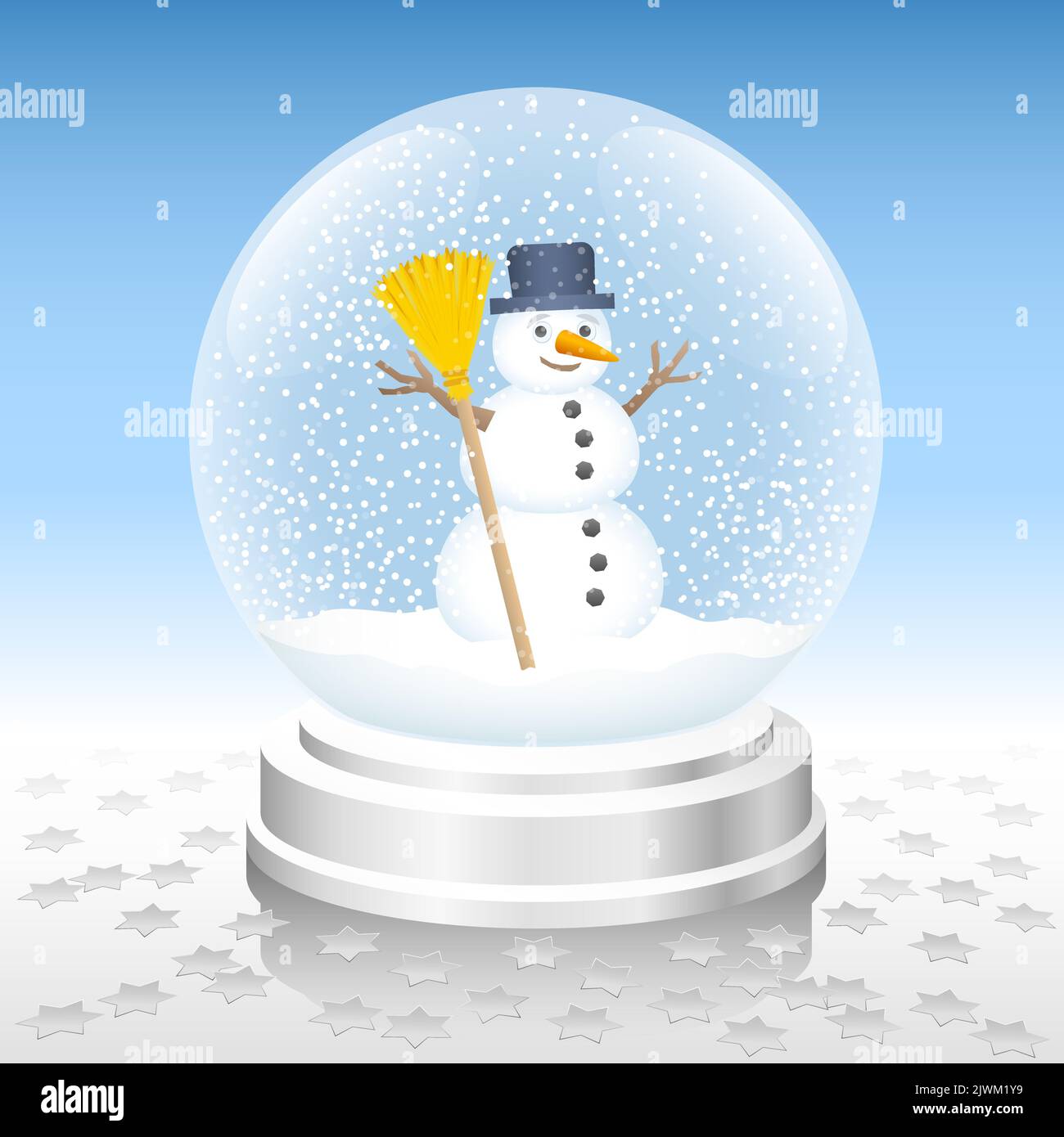 Boule à neige avec bonhomme de neige qui profite de la tempête de neige. Base argentée, étoiles argentées déco. Banque D'Images