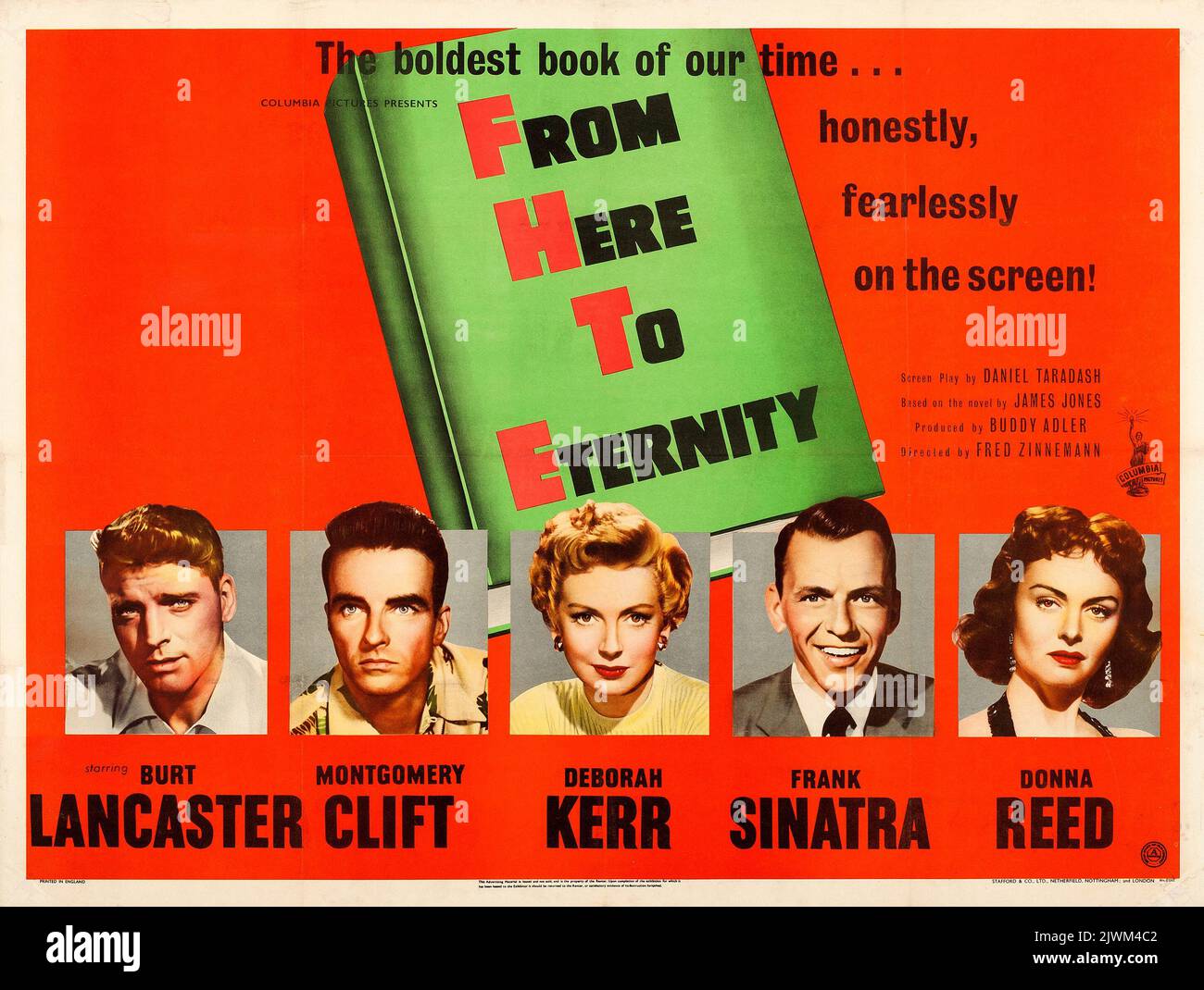 D'ici à Eternity (Columbia, 1953) affiche du film. Avec Burt Lancaster, Frank Sinatra, Montgomery Clift, Deborah Kerr, Donna Reed, Philip Ober, Mickey Shaughnessy, Harry Bellaver, Ernest Borgnine, Jack Warden, Merle Travis et Tim Ryan. Réalisé par Fred Zinnemann. Banque D'Images